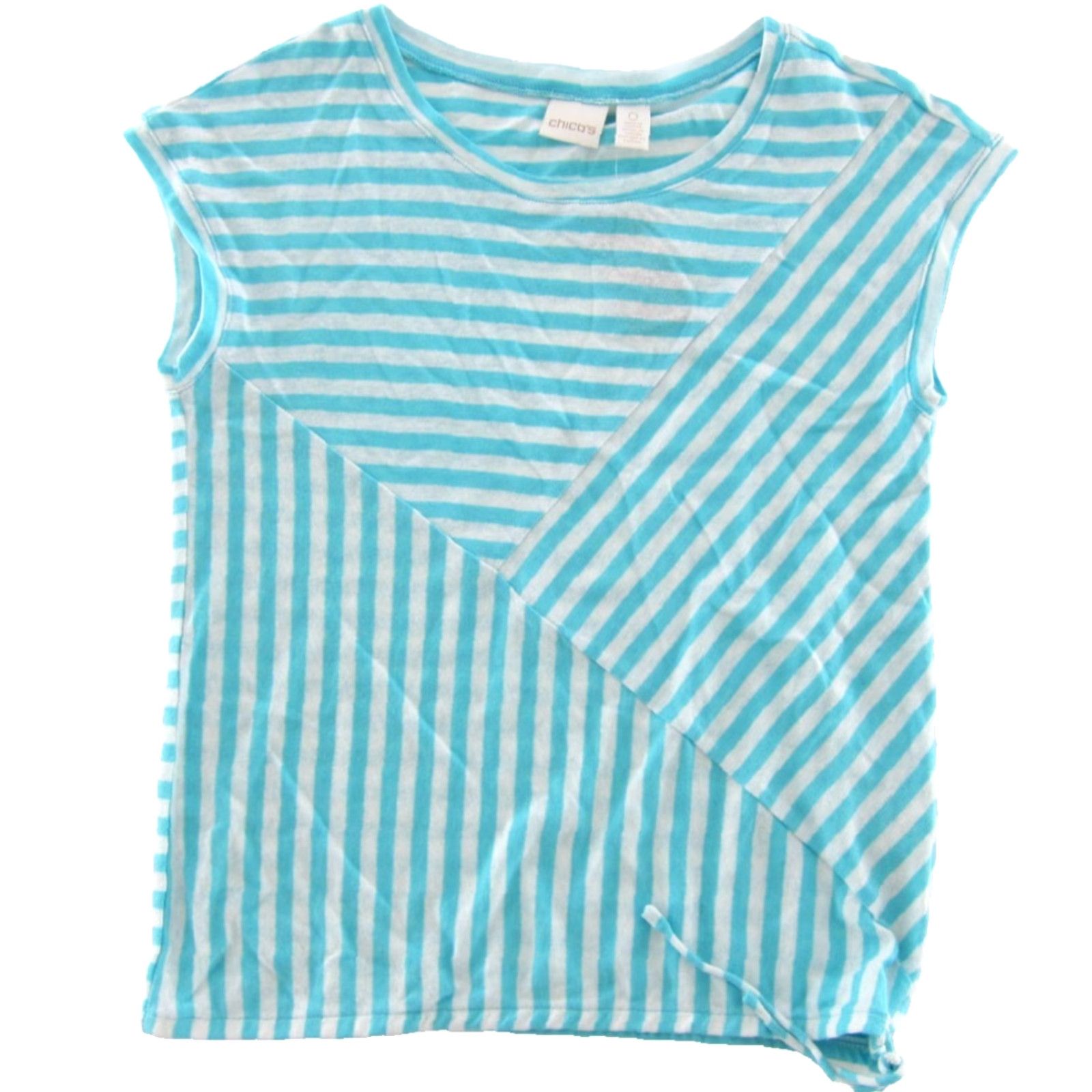 Vintage Chico's Blouse Blue Aqua Breeze White Stripe Cece Spliced Short Sleeve NWT 0/S Small Size S / US 4 / IT 40 - 2 Thumbnail