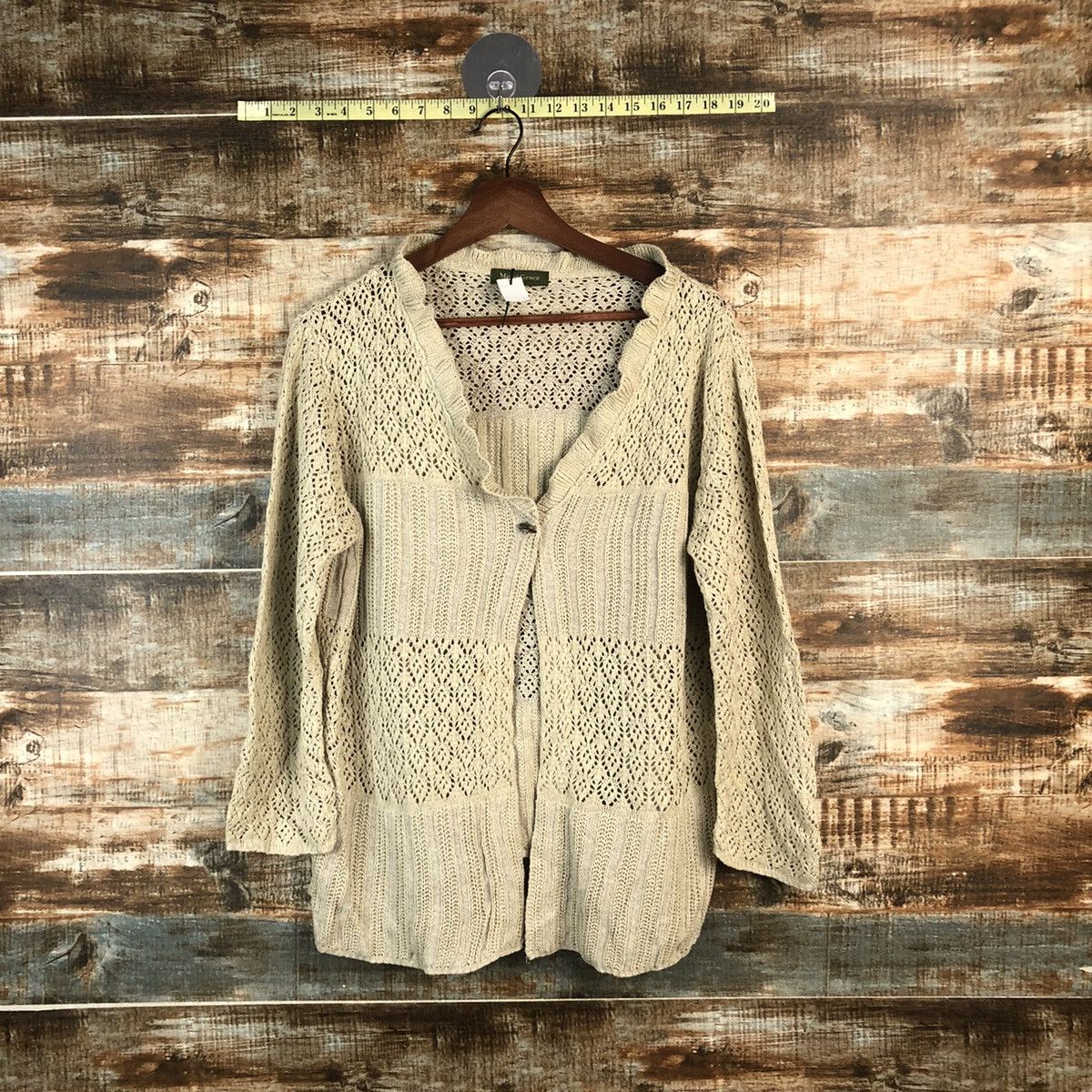 Homespun Knitwear × Japanese Brand × Vintage DL Merci Grace crochet meshnet Brown Cardigan Knitwear #C529 Size L / US 10 / IT 46 - 1 Thumbnail