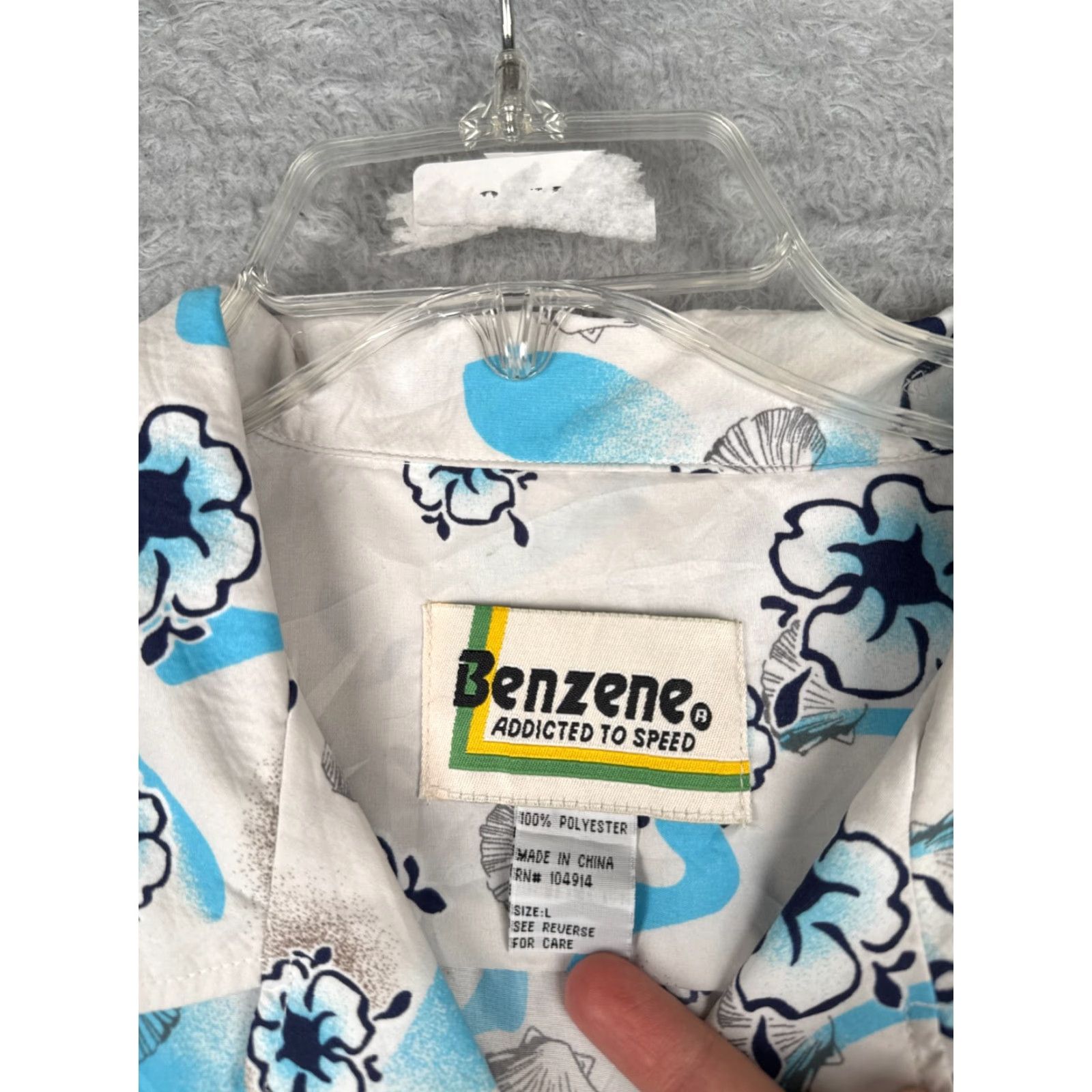 Vintage Benzene Shirt Mens Large White Blue Floral Hibiscus Palm Tree Polyester Hawaiian Size US L / EU 52-54 / 3 - 7 Thumbnail