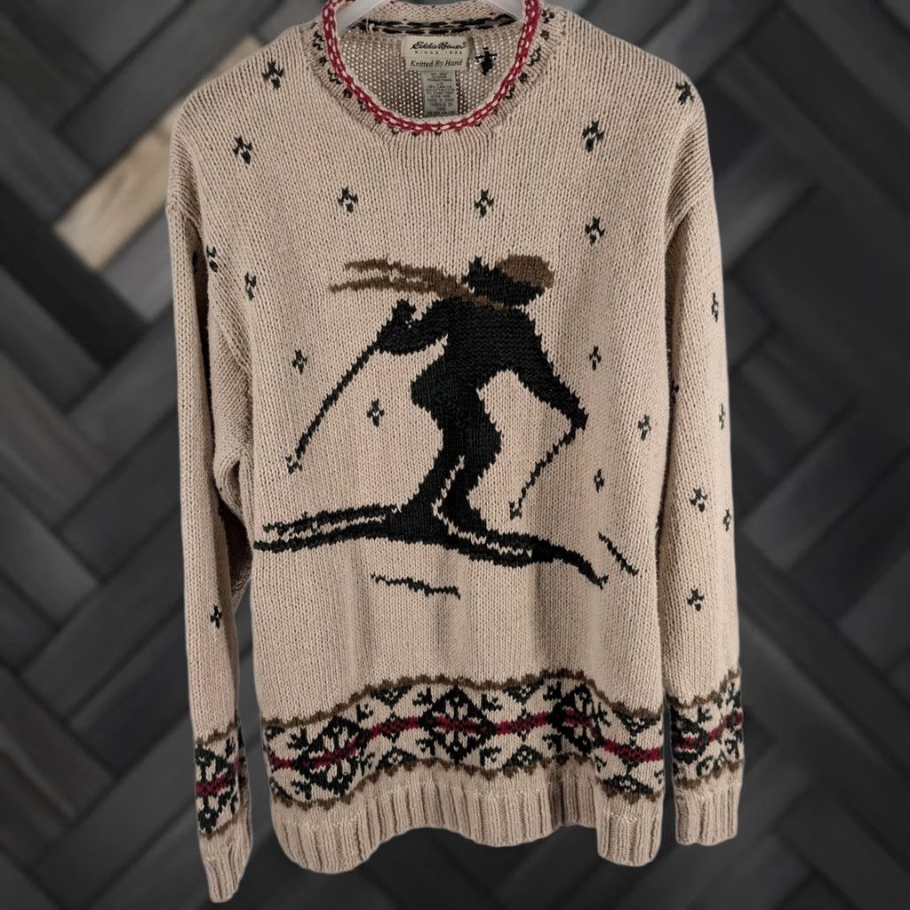 Eddie Bauer VINTAGE Eddie Bauer Skier Hand Knitted Sweater Beige Womens Large L Linen Cotton Pullover 90s 80s Graphic Intarsia Fair Isle Knitwear Size L / US 10 / IT 46 - 1 Thumbnail