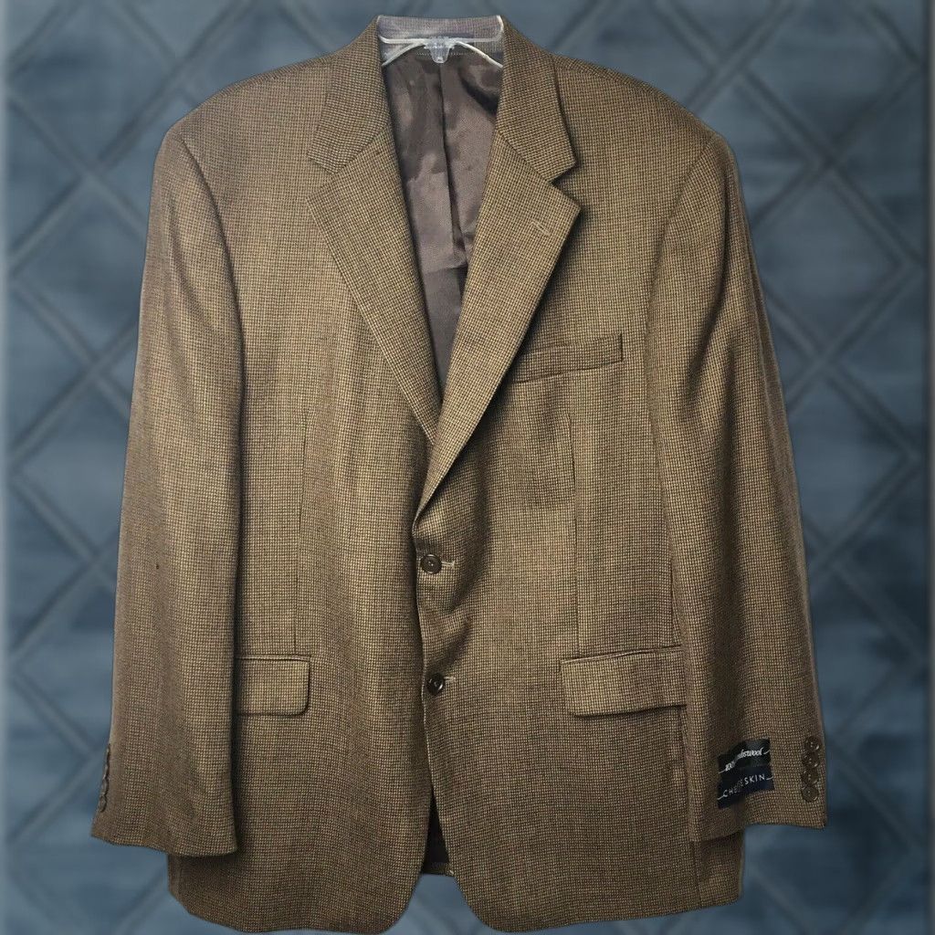 Vintage Chereskin Blazer Mens Size 44 Brown Houndstooth 2-Button Lambswool, Single-Breasted Jacket, Notch Lapel, Regular Length, Wool Coat, Mens Size 44R - 1 Thumbnail