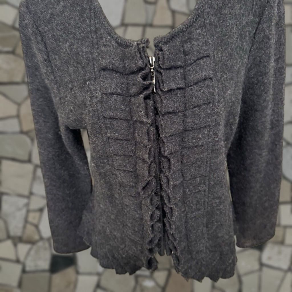 Marisa Christina Women's Charcoal Gray Boiled Wool Ruffle Full Zip Cardigan Sweater Size L