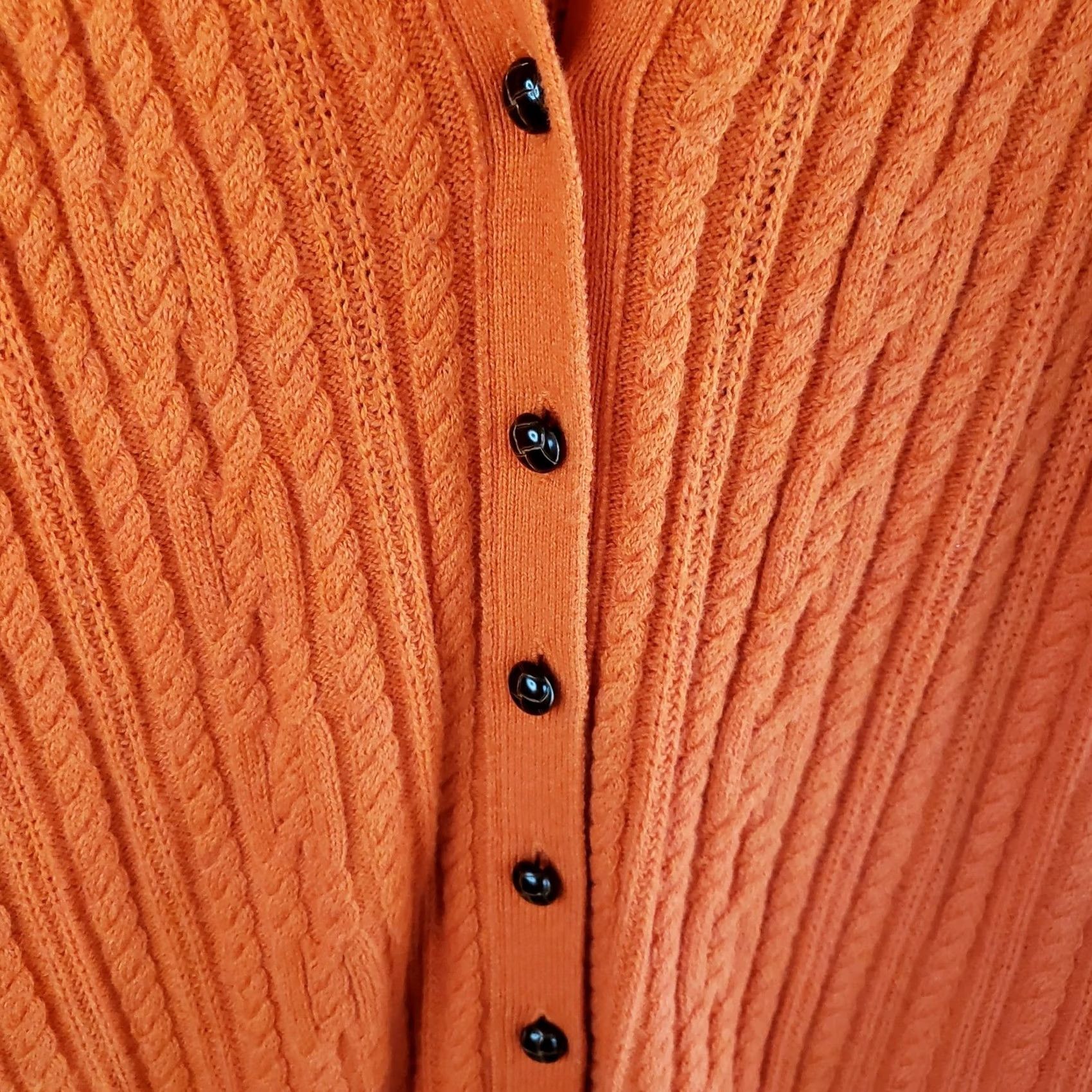 Lands' End Lands' End Women's XL Orange Cable Knit Cardigan Sweater Leather Look Buttons V-Neck Long Sleeve Knit Casual Fall Winter Spring Shirt/ Sweater Women Size XL / US 12-14 / IT 48-50 - 5 Thumbnail
