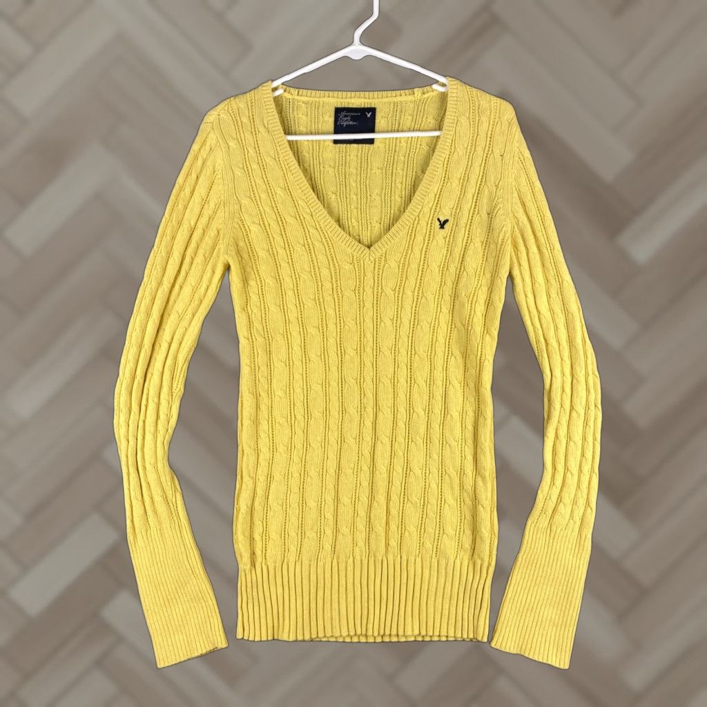 American Eagle Outfitters American Eagle Women's Sweater Long Sleeve V-Neck Pullover XL Yellow Knit Fall Casual Size XL / US 12-14 / IT 48-50 - 1 Thumbnail