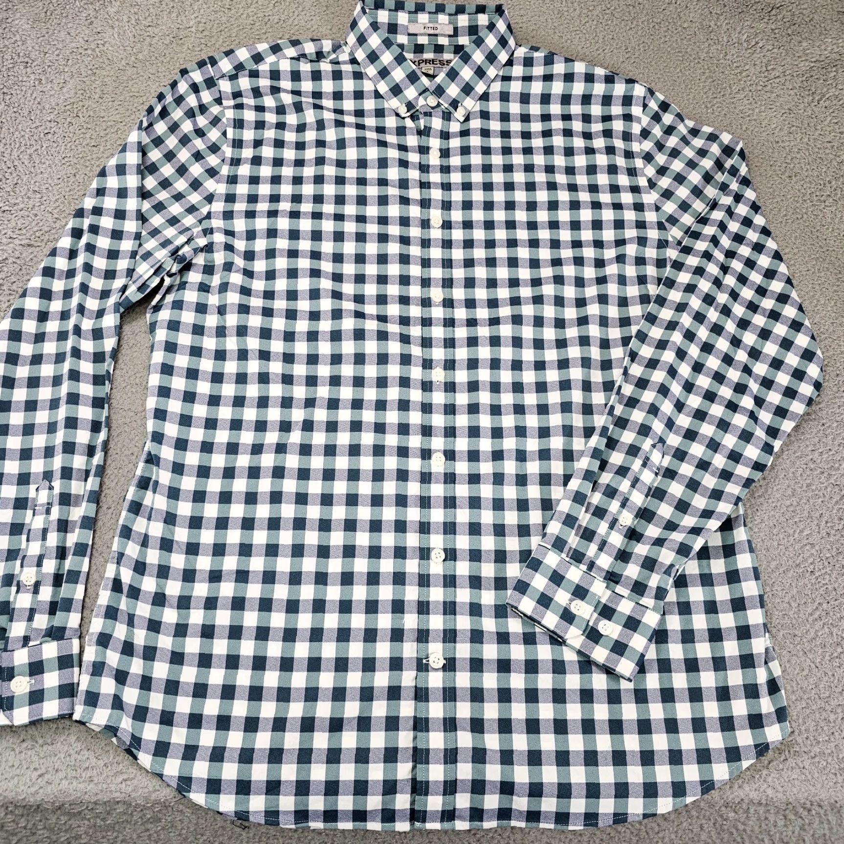 Express Express Shirt Men L Teal Check Button-Up Knit Cotton Long Sleeve Size US L / EU 52-54 / 3 - 2 Thumbnail