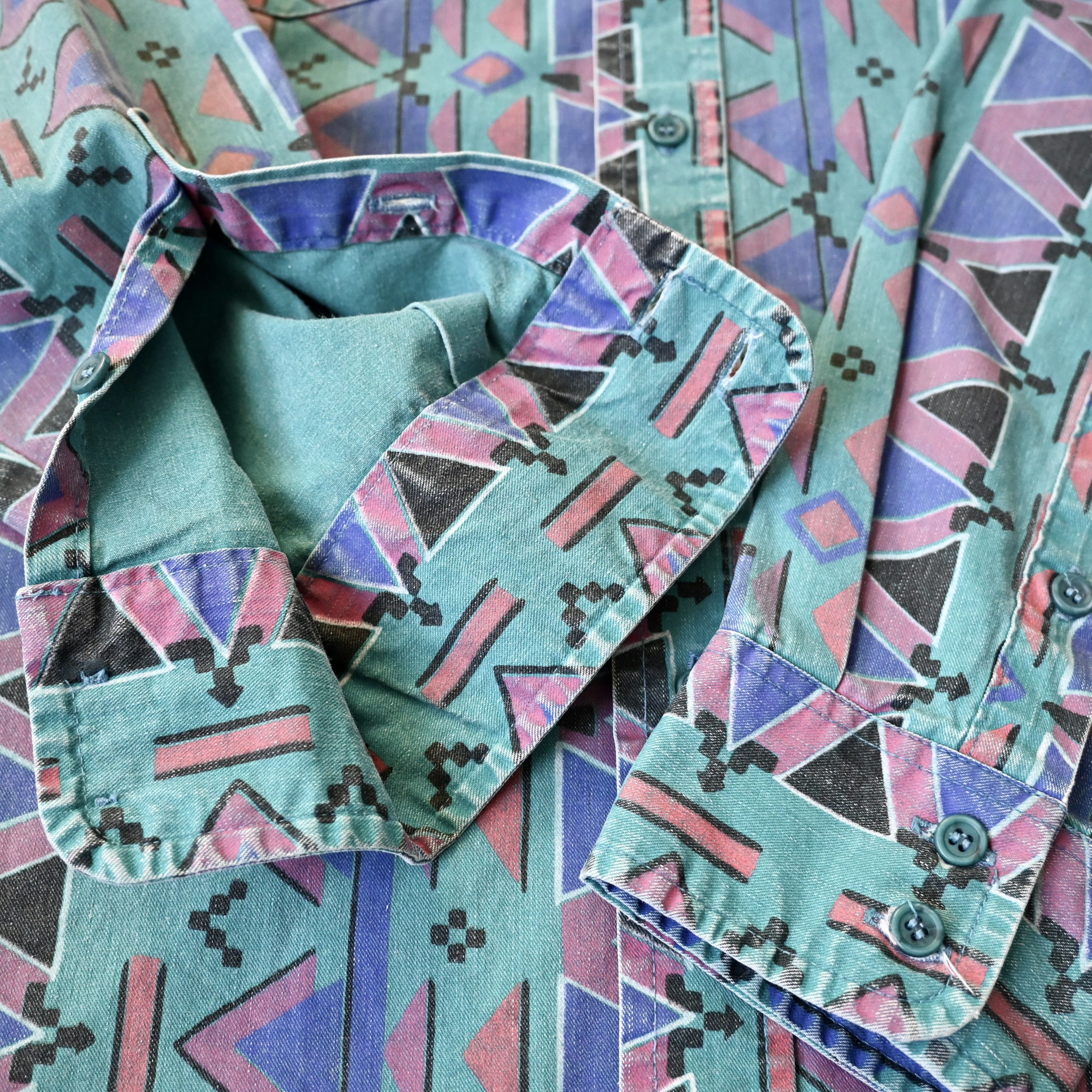 Vintage VTG 90s Wrangler Brushpopper shirt Aztec Navajo teal 17.5-35 Size US XL / EU 56 / 4 - 8 Thumbnail
