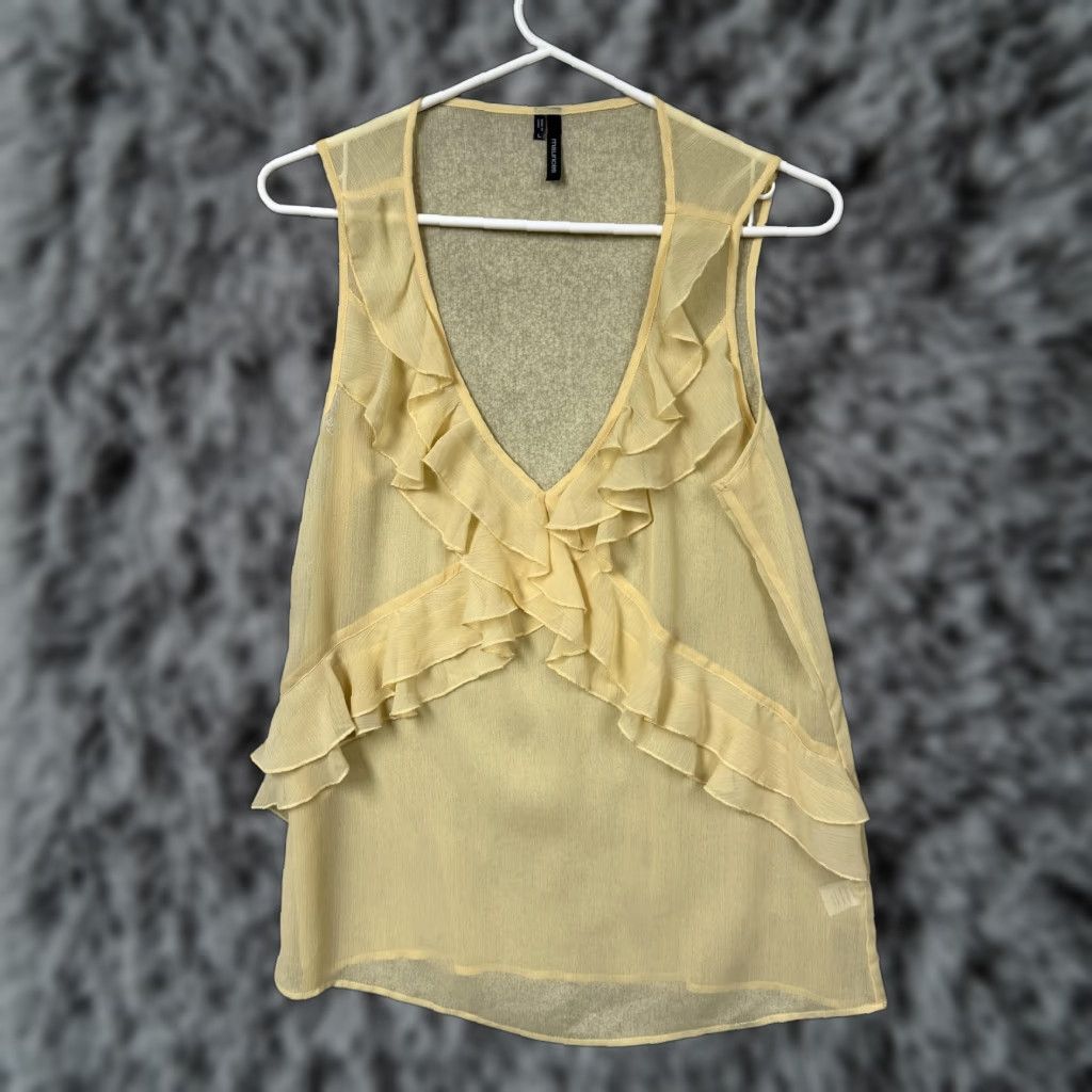 Vintage Maurices Tank Top L Yellow Chiffon Sleeveless V-Neck Ruffle Layering Casual Summer Women's TankTop Size L / US 10 / IT 46 - 1 Thumbnail
