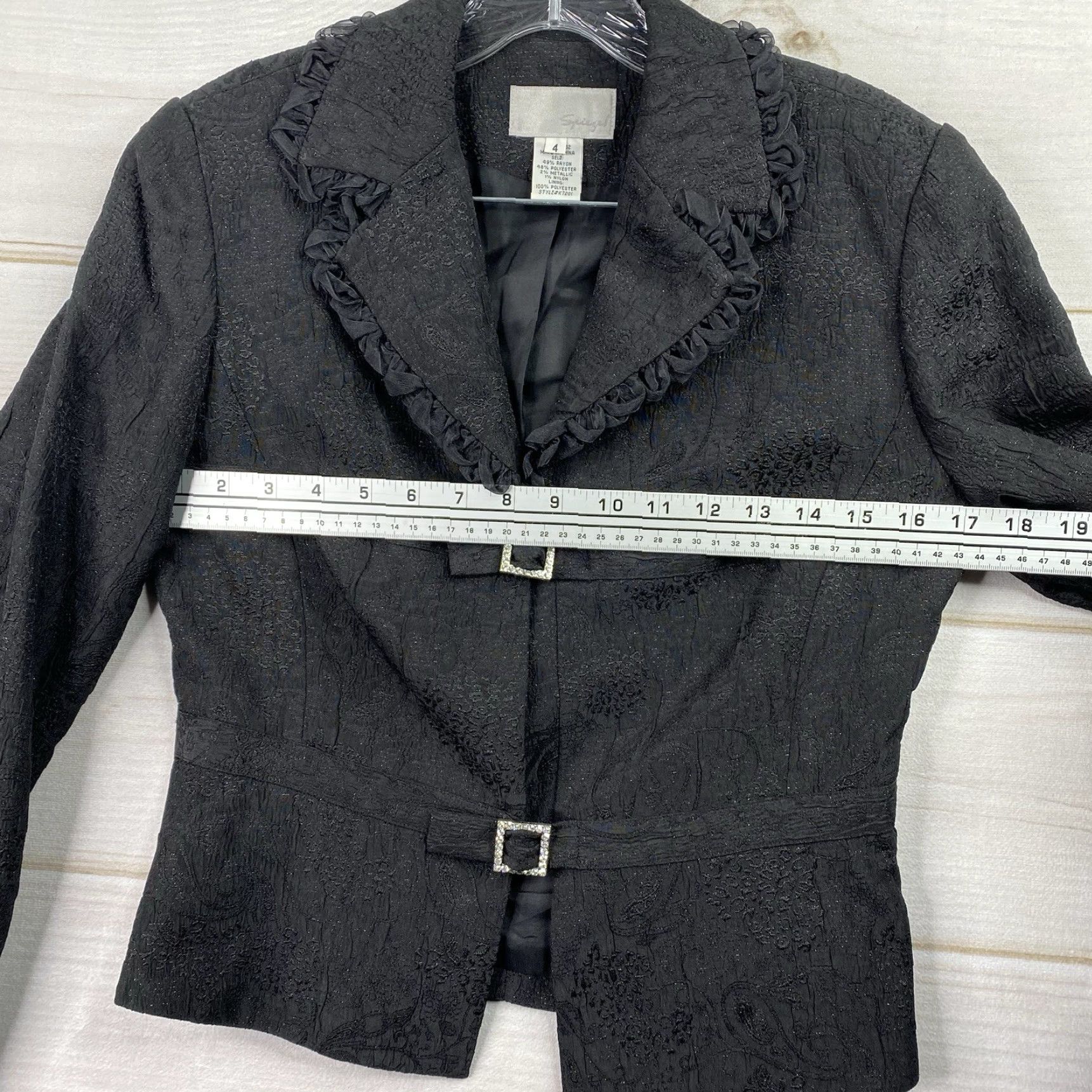 Vintage VINTAGE Spiegel Blazer Womens 4 Black Metallic Textured Lined Ruffled Trim Y2K 90s Blazer Womens 4 Black Size S / US 4 / IT 40 - 5 Thumbnail