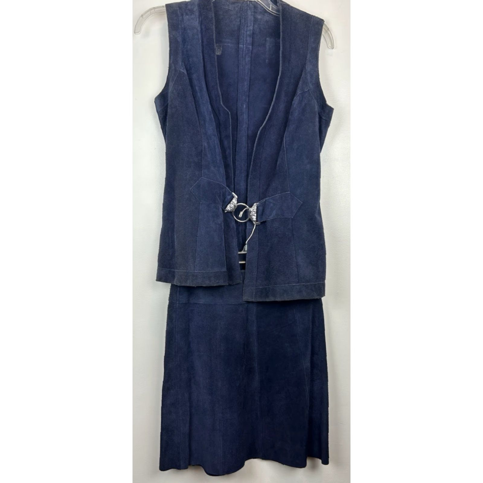 Vintage VINTAGE Suede Skirt Jacket Leather Set Blue Vest 60s Rock Boho 2 Piece Womens S Size 28" / US 6 / IT 42 - 2 Thumbnail