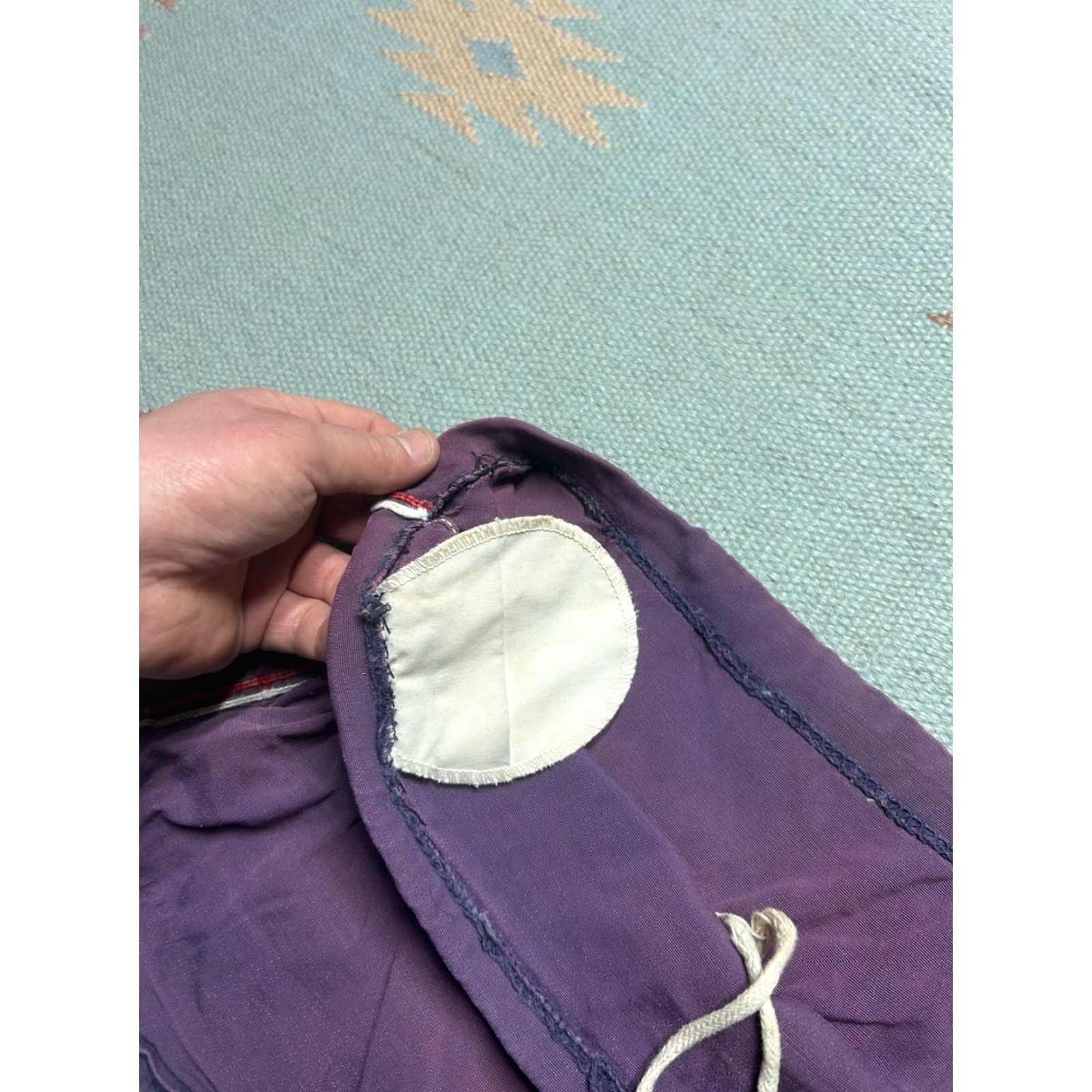 Vintage VINTAGE swims trunks bottoms Mens 35 Purple Striped Rayon Beach 40s 50s Distressed 12” waist to crotch Size US 35 - 7 Thumbnail
