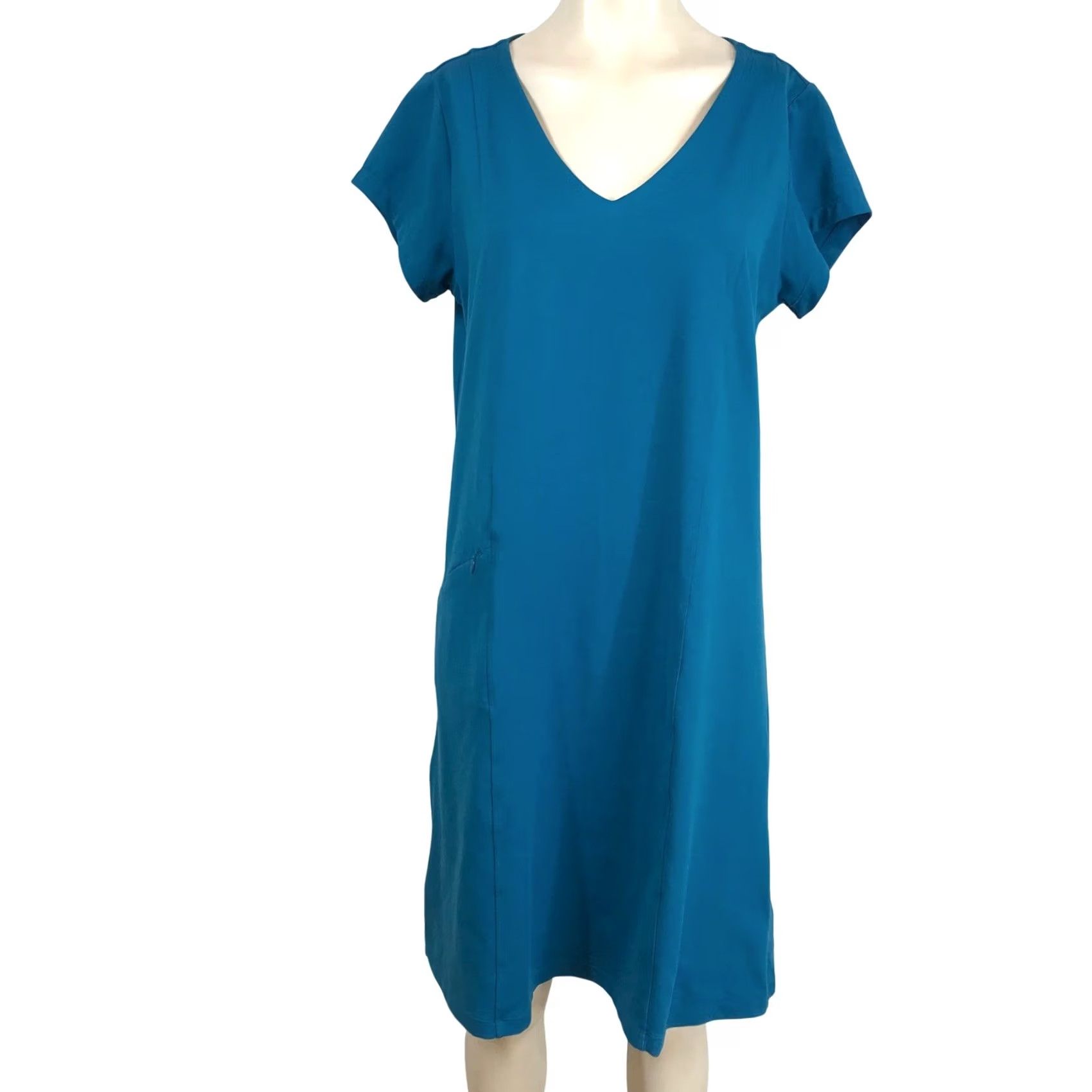 Toad&Co Toad&Co Womens Teal Blue V-Neck Short Sleeve Shift Dress Zip Pocket Large Size 36" / US 14 / IT 50 - 2 Thumbnail