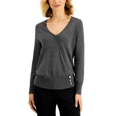 JM Collection JM Collections Petite Button-Embellished Sweater, Charcoal H Size ONE SIZE - 1 Thumbnail