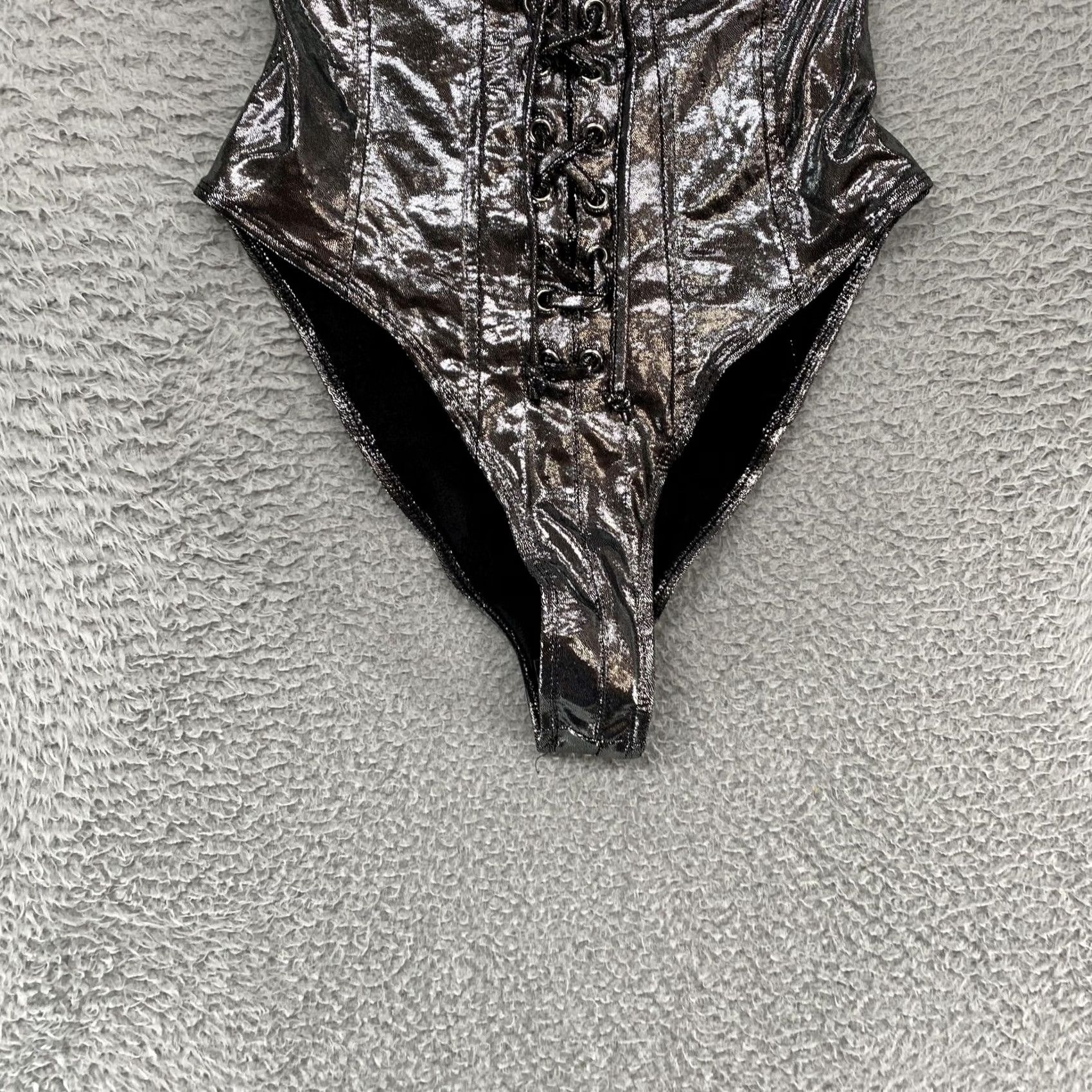 Vintage Forplay Bodysuit Womens M/L Metallic Gunmetal Corset Festival Rave Cyber Y2K - Shirt? Size M / US 6-8 / IT 42-44 - 2 Thumbnail
