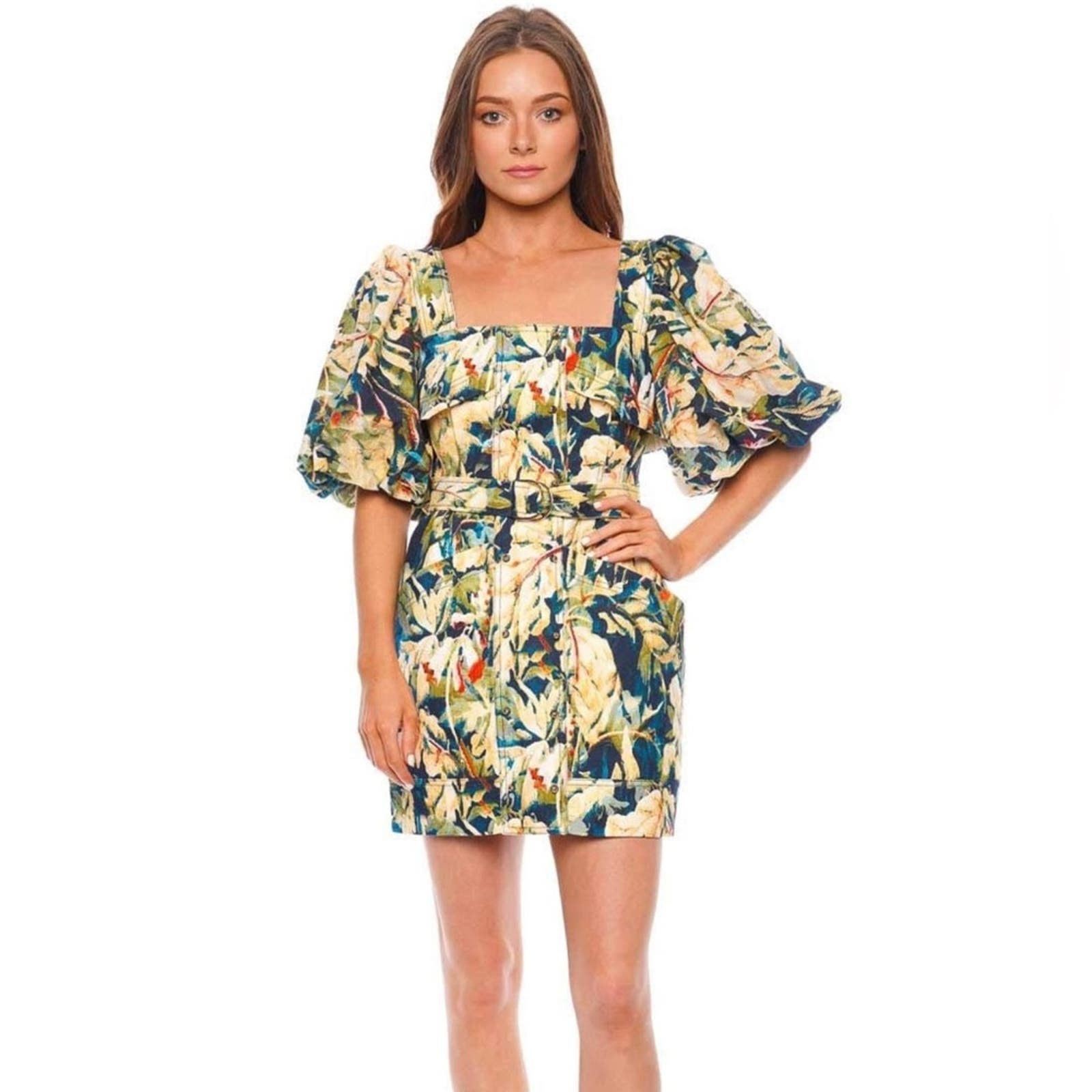 image of Acler Lovell Puff Sleeve Floral Belted Mini Dress Size 2 in Yellow, Women's