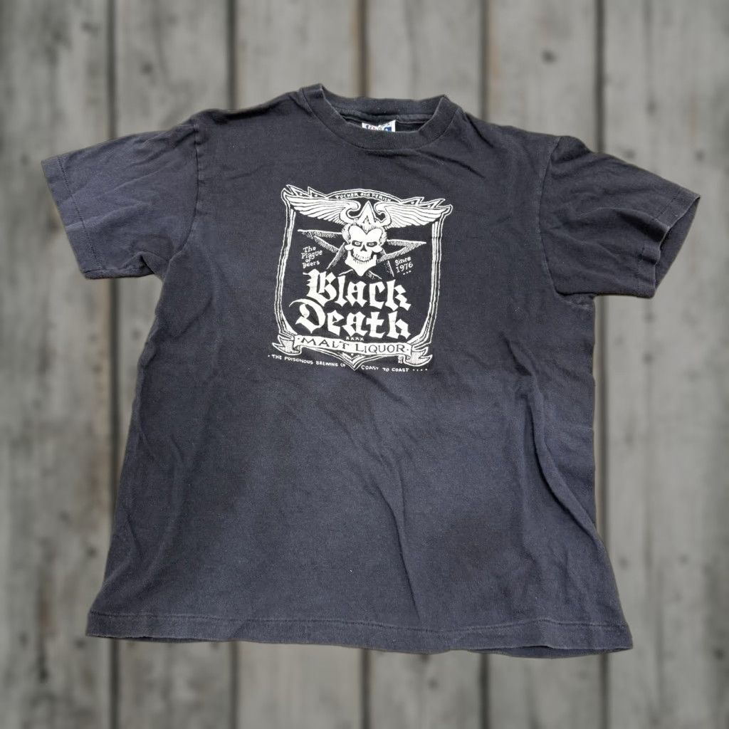 VINTAGE 80s Black Death Malt Liquor The Plague Of Beers T-Shirt M Black Mens