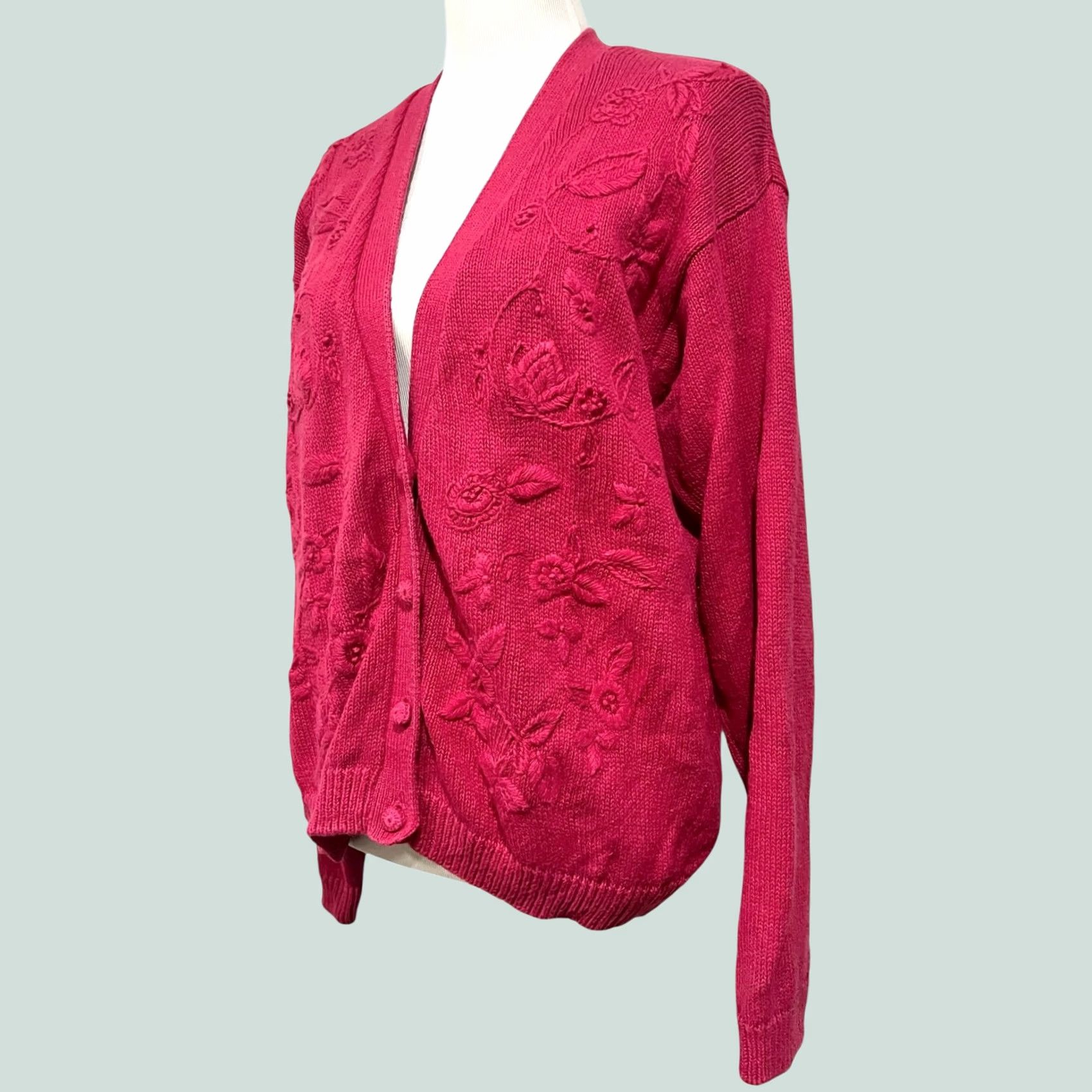 Vintage VINTAGE Cape Isle Knitters Cardigan Sweater Womens XL Pink Floral 90s Cottage Knitters Womens XL Button Heavy Knitted by Hand Size XL / US 12-14 / IT 48-50 - 1 Thumbnail