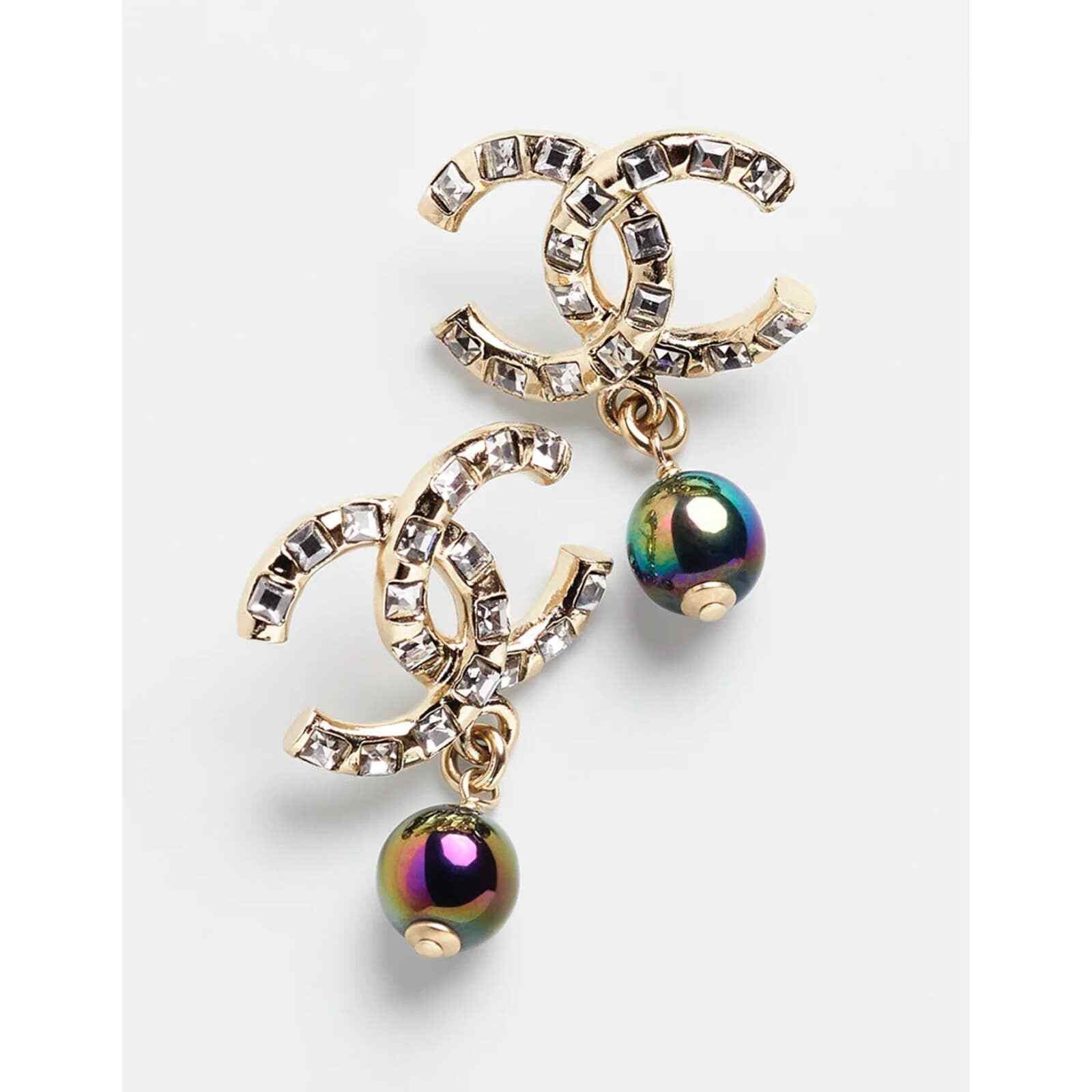 Chanel Chanel Gold Crystal Pearl Purple Statement Stud Earrings Size ONE SIZE - 3 Thumbnail
