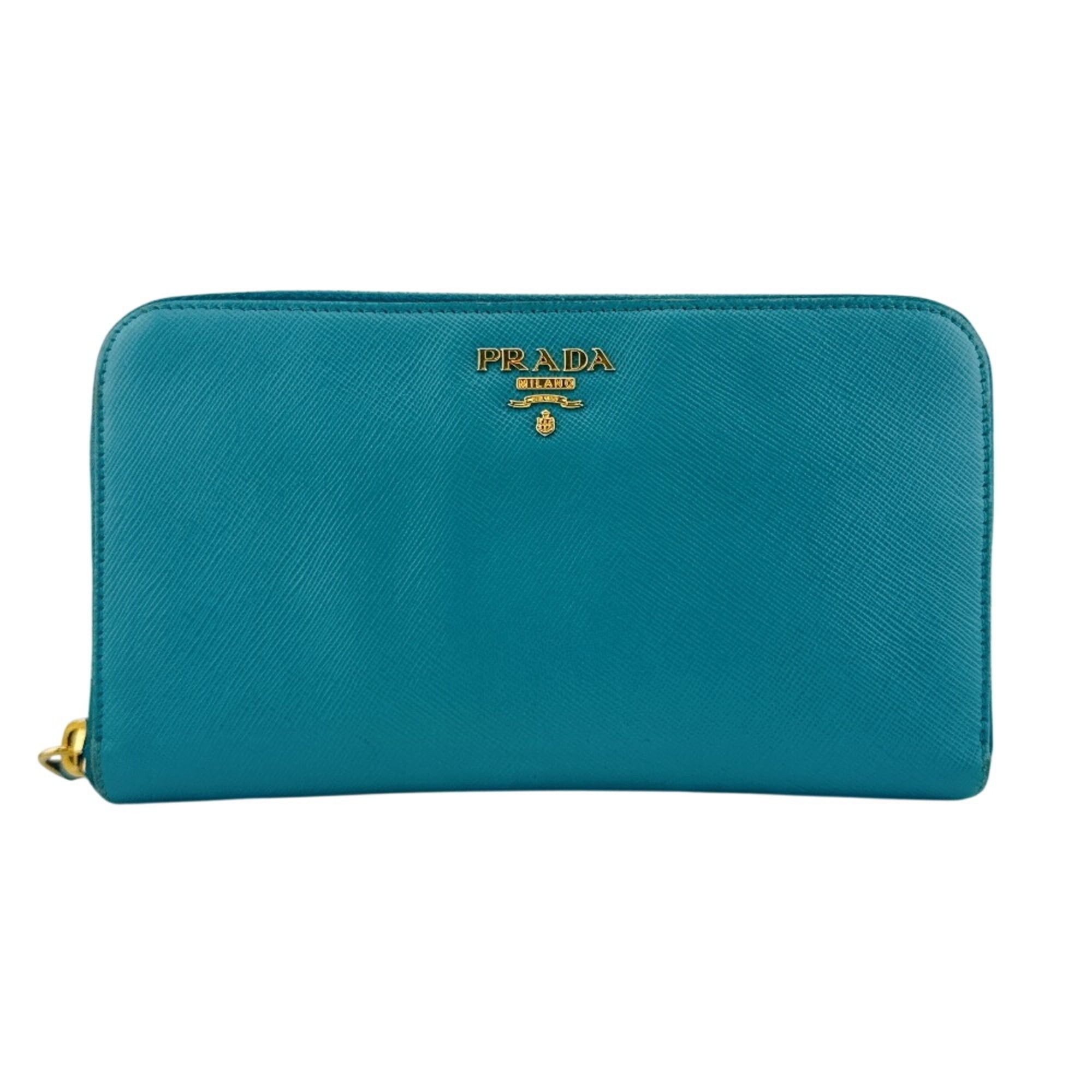 Prada PRADA Saffiano Leather Round Zip Wallet, Blue Size ONE SIZE - 1 Thumbnail