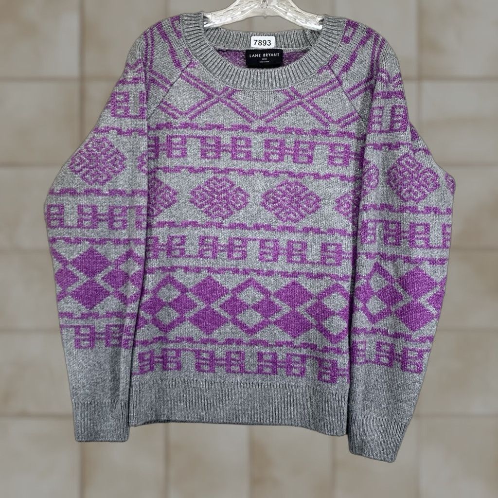 Vintage Lane Bryant Women's Sweater Pullover 18 Plus Size Round Neck Big Fair Isle Purple Gray Knit Stretch- Breathable Winter Casual Size XXL / US 16-18 / IT 52-54 - 1 Thumbnail