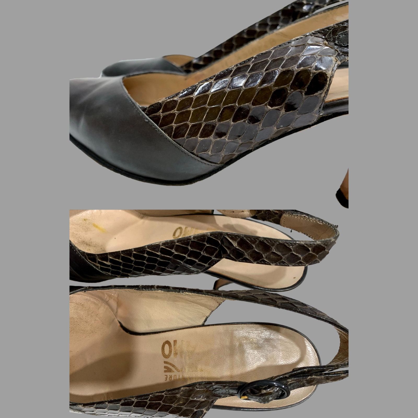 Genuine Leather × Salvatore Ferragamo × Vintage Vintage Ferragamo Dark Gray Leather & Snake Sling Backs | 6 Size US 6 / IT 36 - 8 Thumbnail