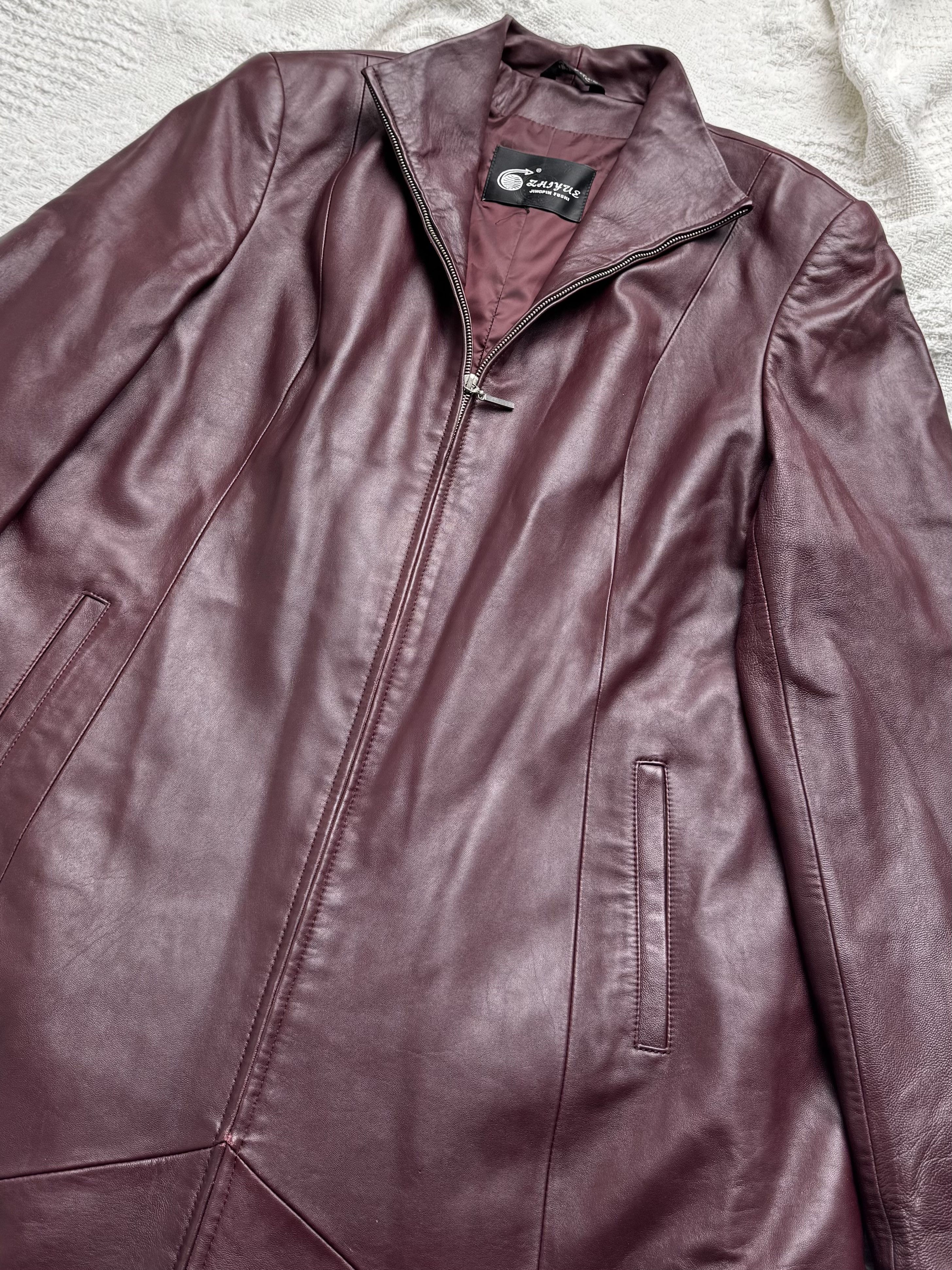 Vintage Vintage Burgundy Leather Long Coat Zip Front Minimalist Size XL / US 12-14 / IT 48-50 - 5 Thumbnail