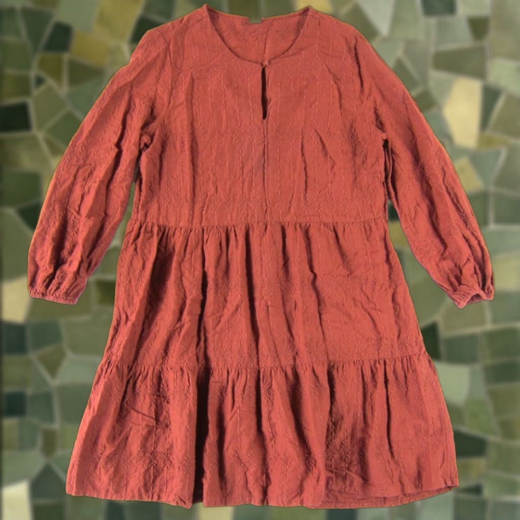 Old Navy Old Navy 100% Cotton Embroidered Brown Tiered Long Sleeve Midi Smock Dress Large Size L / US 10 / IT 46 - 1 Thumbnail
