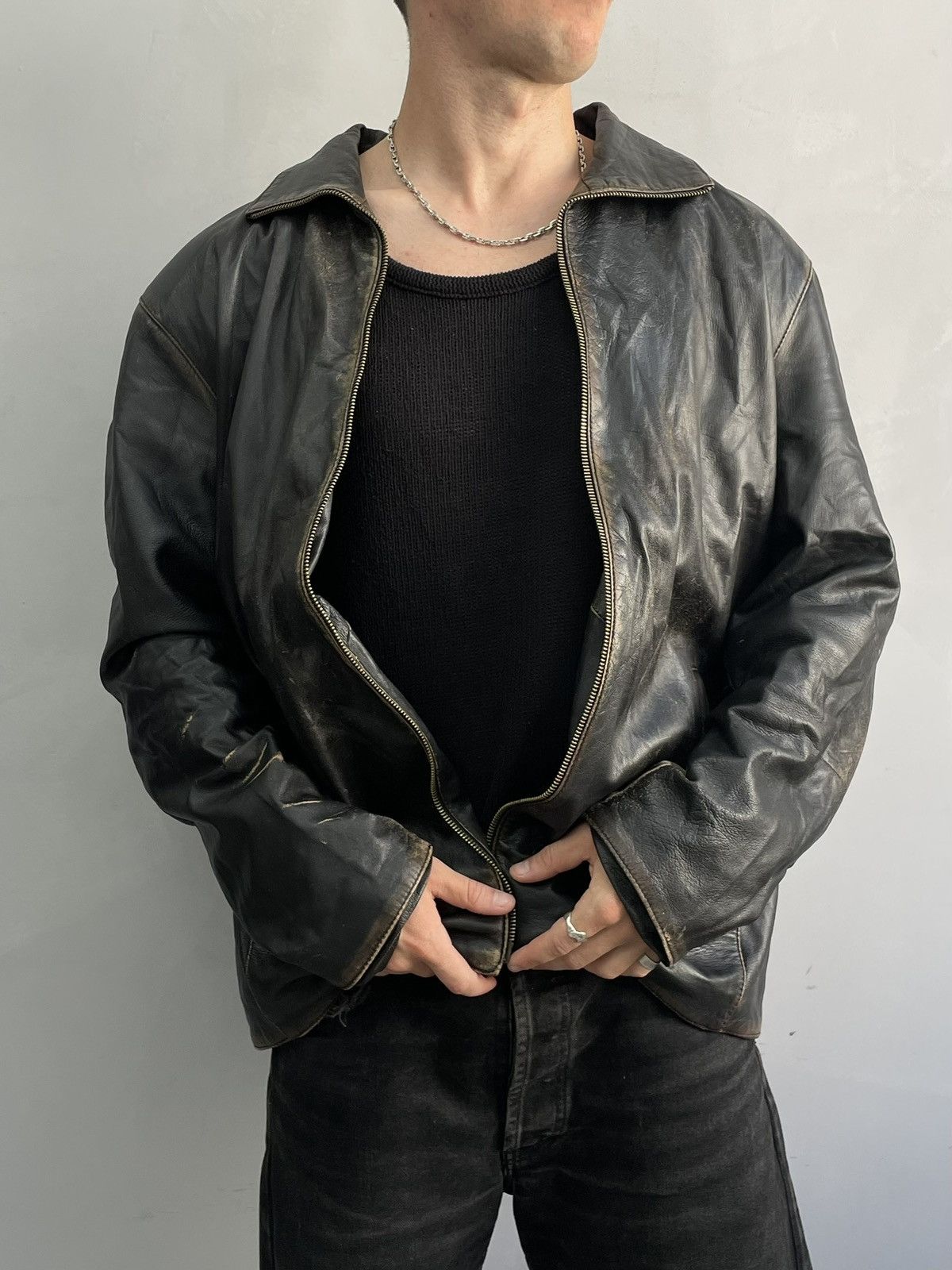 Vera Pelle Hype schott style faded distressed leather jacket 90s Size US XL / EU 56 / 4 - 1 Thumbnail