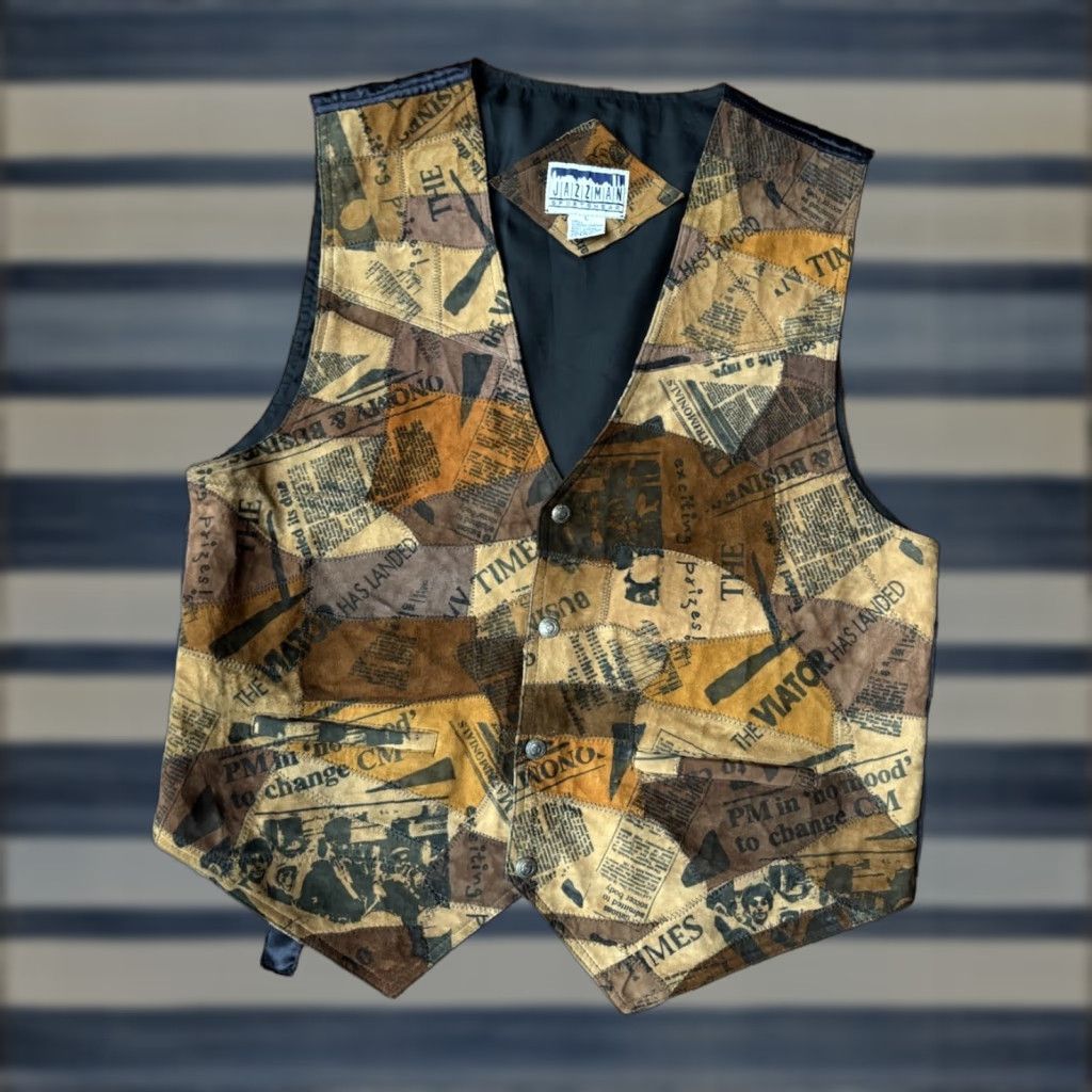 Vintage VINTAGE Jazzman Sportswear Leather Vest Large Brown Mens Vest News Print 90s Western Cowboy Hipster Motorcycle Southwestern Rockabilly Size US L / EU 52-54 / 3 - 1 Thumbnail