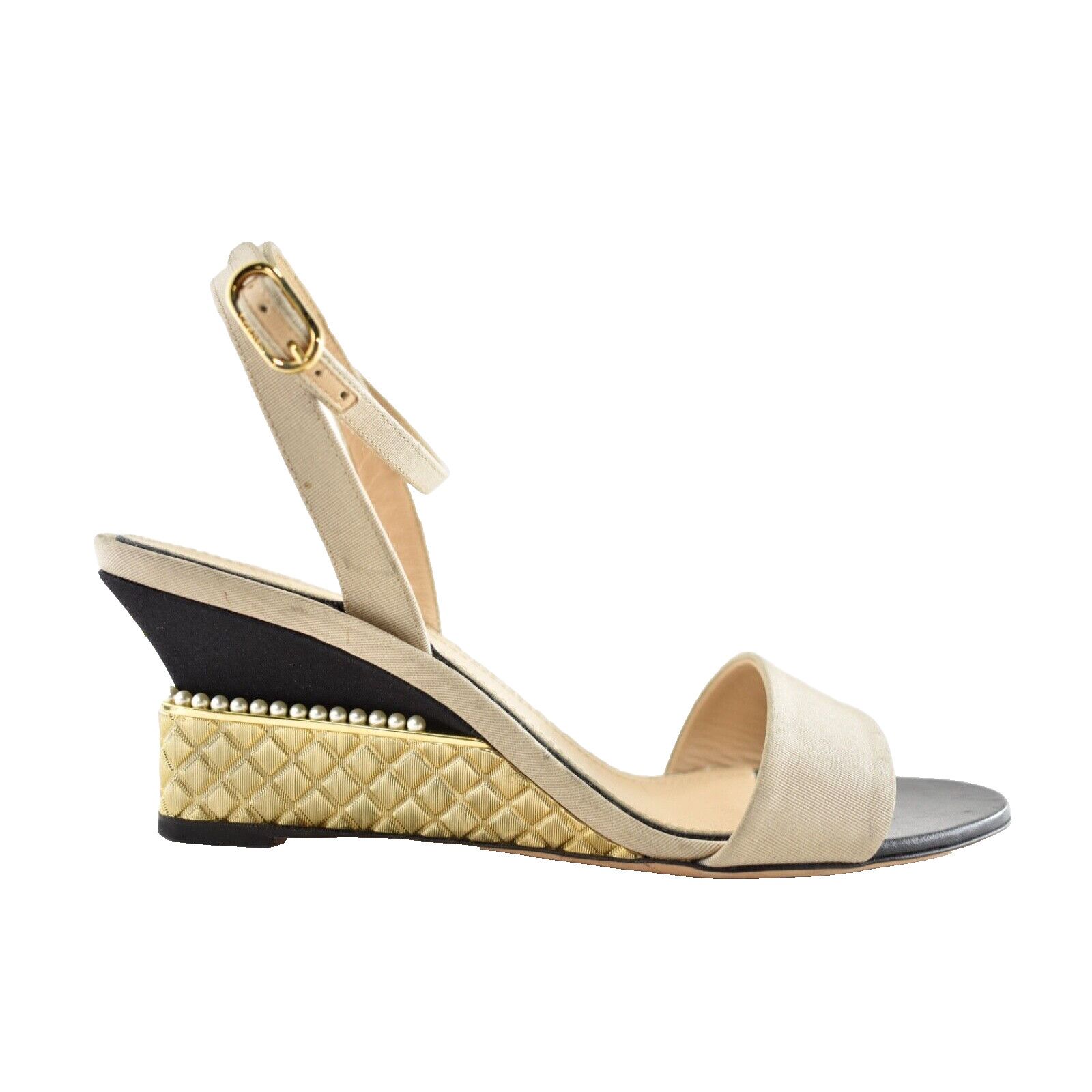 Chanel 17PGrosgrain Pearl CC Ankle Strap Sandals Wedge Heel Pump 37 Size US 7 / IT 37 - 1 Thumbnail