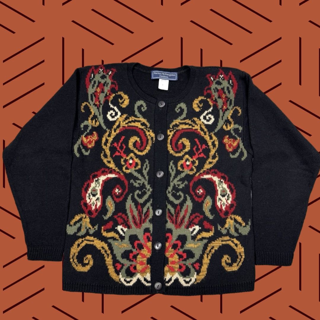 VTG Norton McNaughton Petite Paisley Floral Long Sleeve Button Cardigan Knit Multicolor Self-Pattern Women’s 80s Fair Isle Christmas Winter 2-4?