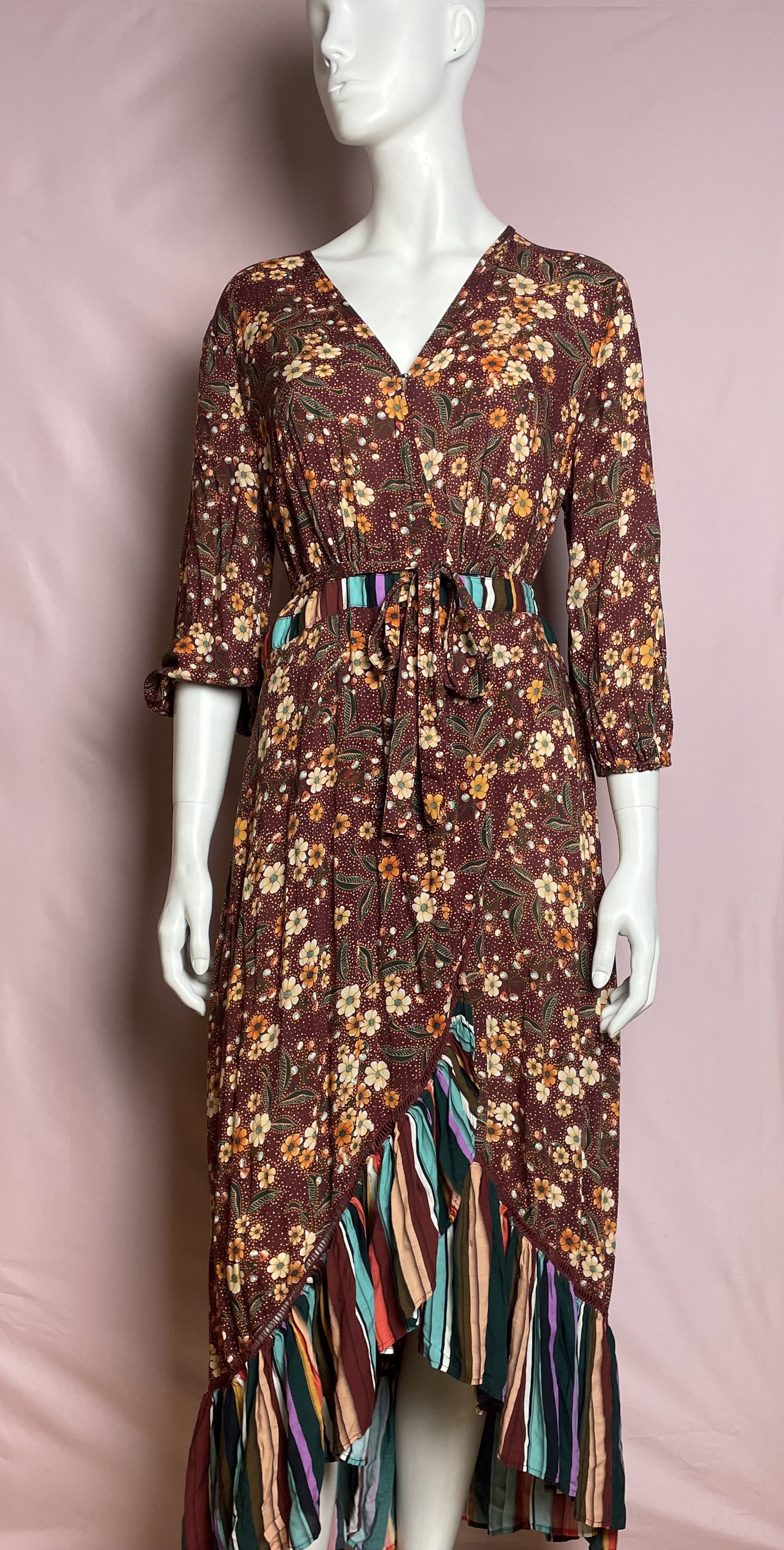 Farm Rio Farm Rio Anthropologie Striped Floral Wrap Dress L Size L / US 10 / IT 46 - 1 Thumbnail