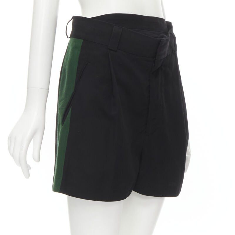 Haider Ackermann HAIDER ACKERMANN black green grosgrain trimmed side pleated front shorts FR34 XS Size 25" / US 0 / IT 36 - 1 Thumbnail