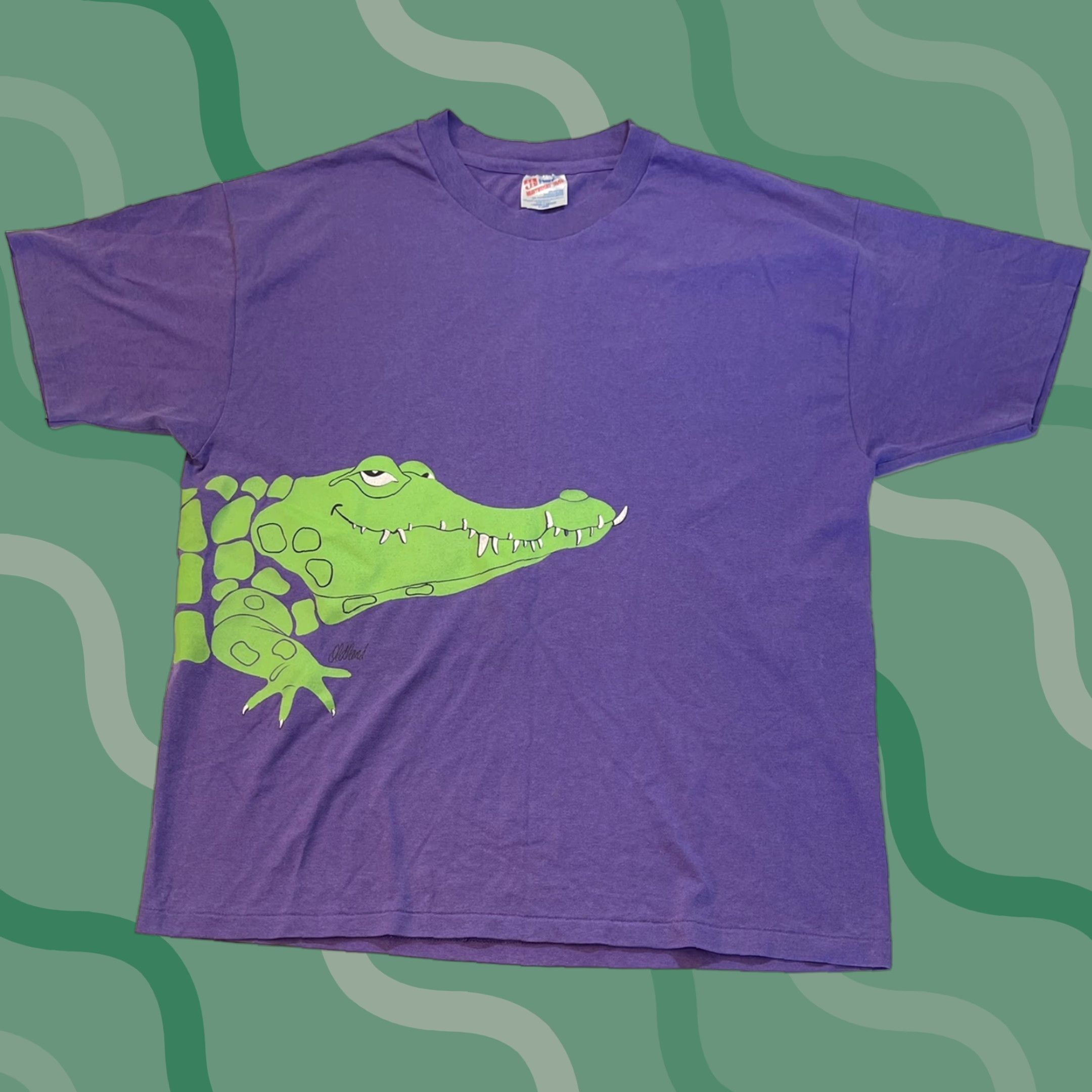 TEE JAYS VINTAGE Hanes 90s T Shirt Nature Gator Crocodile Alligator Single Stitch Sz XL Teejays Crew Neck Short Sleeve Graphic Logo Purple Men Size US XL / EU 56 / 4 - 1 Thumbnail