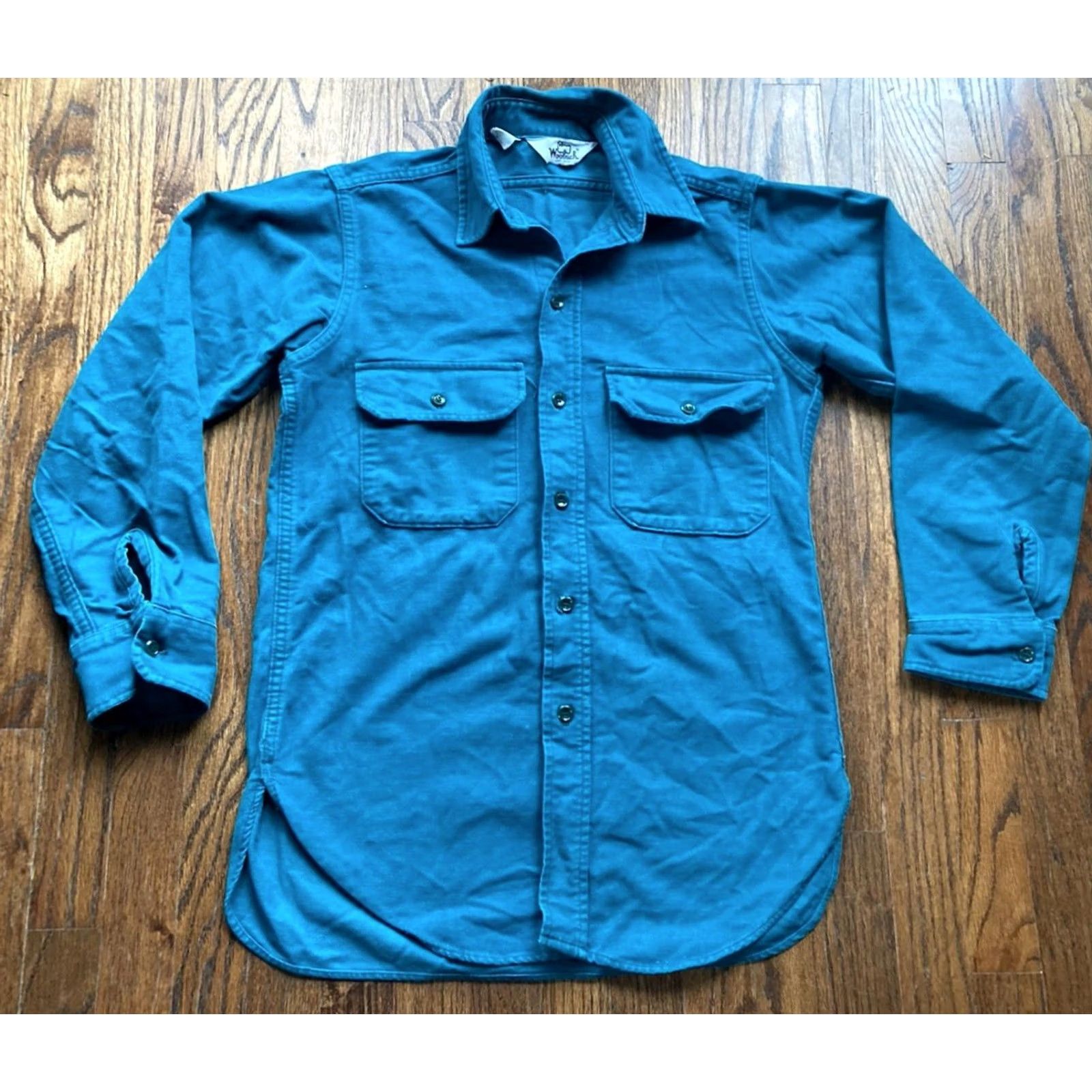 Vintage VINTAGE Woolrich Chamois Shirt Mens Small Turquoise Made In USA 80s Flannel Shirt Button-Up Long Sleeve Casual Workwear Fall Winter Pockets Blue Mens Size US S / EU 44-46 / 1 - 2 Thumbnail