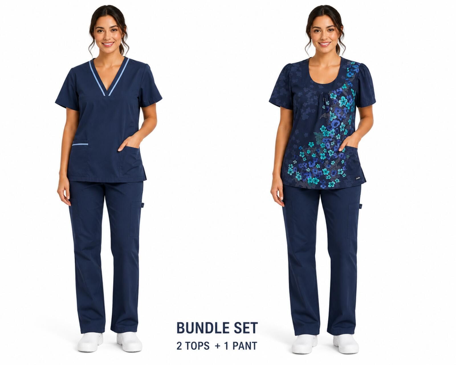 Other Nurse Scrub Bundle Set 2 Tops 1 Pant Navy Floral Small Size 28" / US 6 / IT 42 - 1 Thumbnail