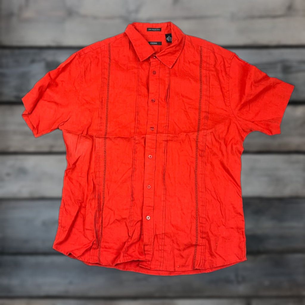 Vintage Sopranos Dad Style Shirt Orange Red Textured Stripe Adult XL Linen Button-Up Size US XL / EU 56 / 4 - 1 Thumbnail