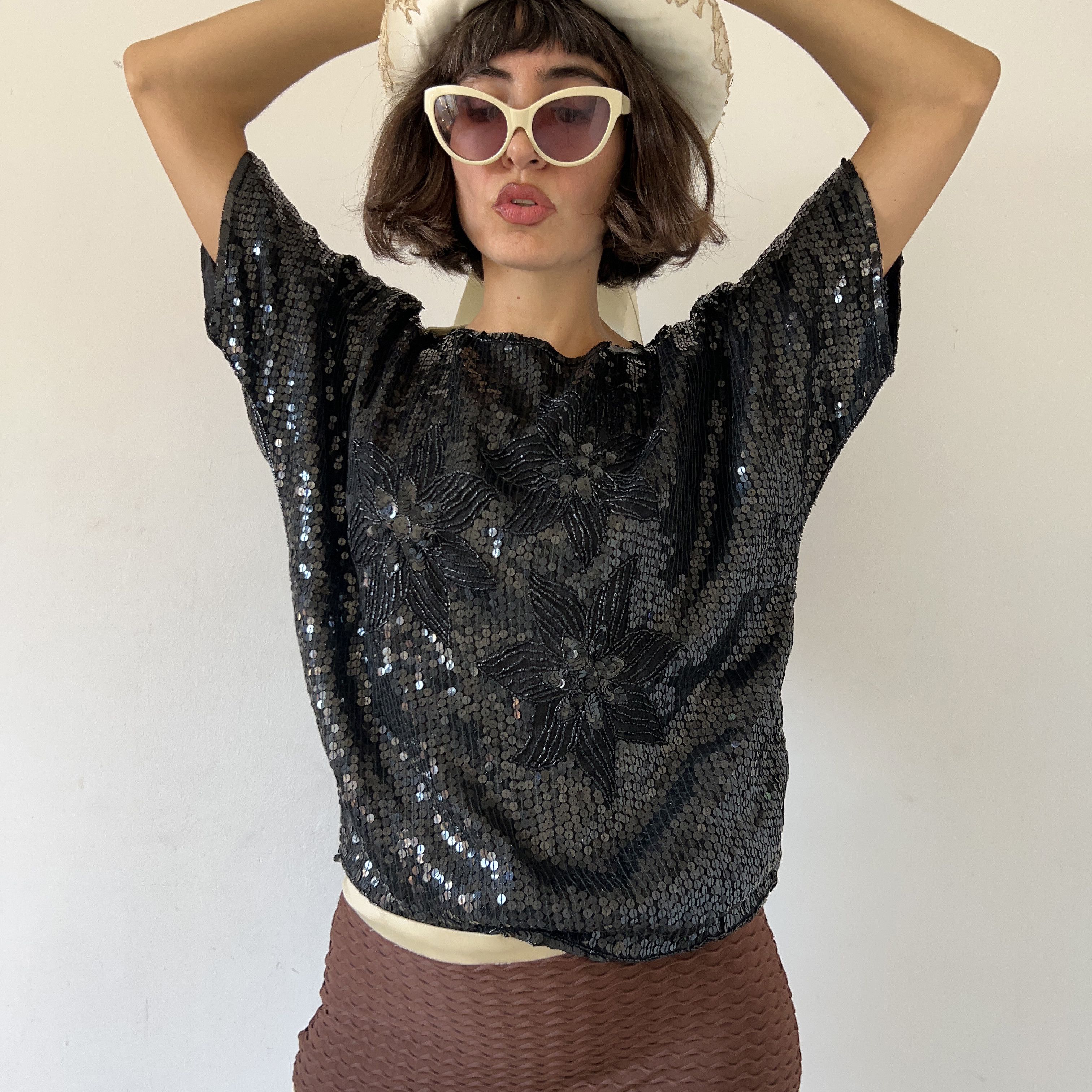 Vintage Vintage 80s Disco Black Sequin Top Size L / US 10 / IT 46 - 3 Thumbnail