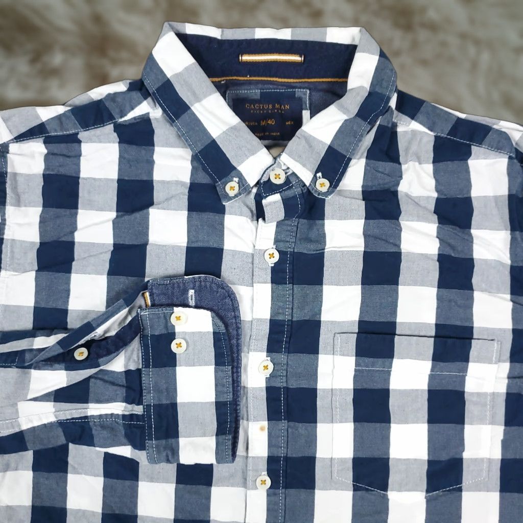 Vintage Cactus Shirt Slim Fit Button-Up Long Sleeve Blue Check Adult M Blue Cotton Mens Size US M / EU 48-50 / 2 - 1 Thumbnail