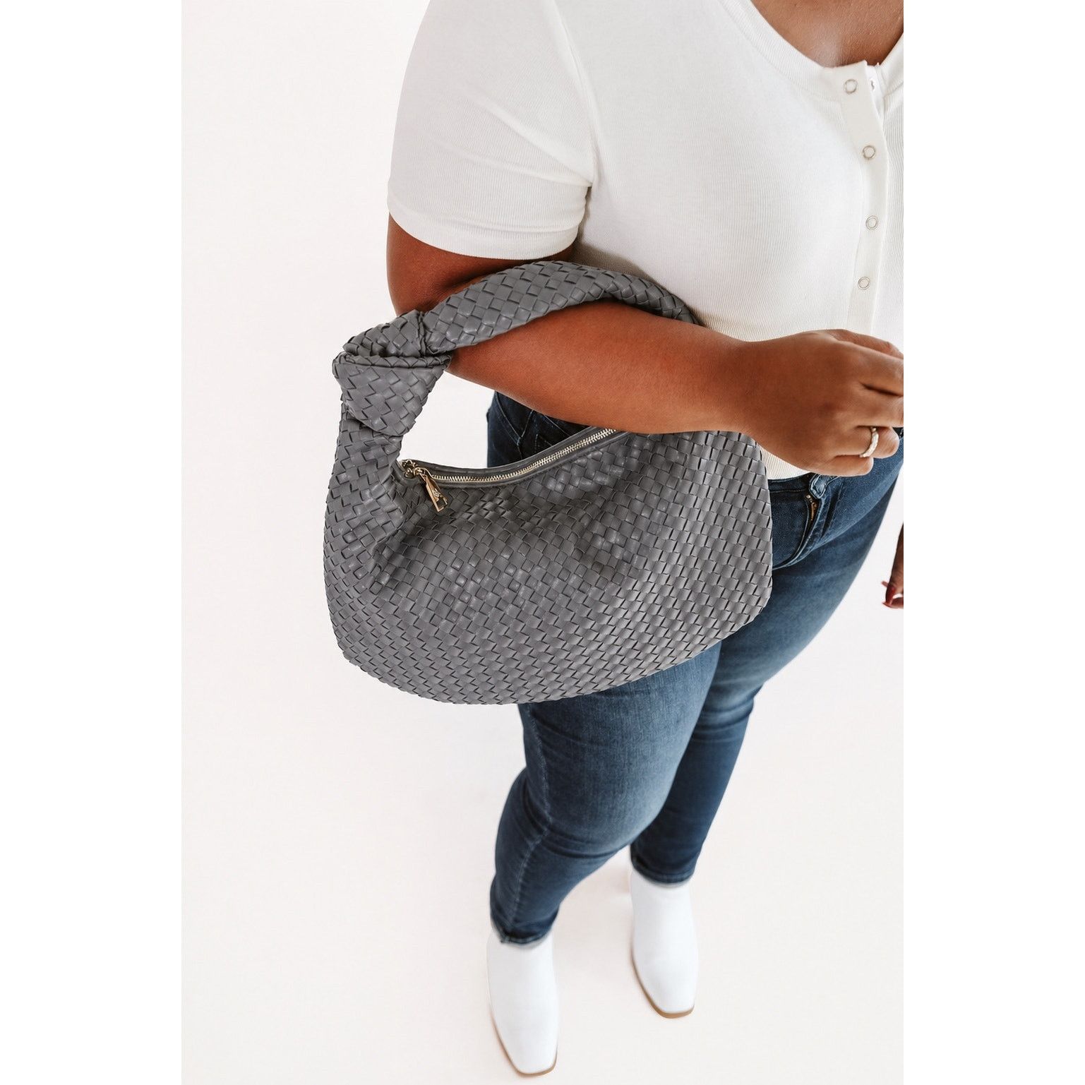 non GLITZY Gray Woven Hobo Bag Large Shoulder Purse Leather NWT Size ONE SIZE - 2 Thumbnail