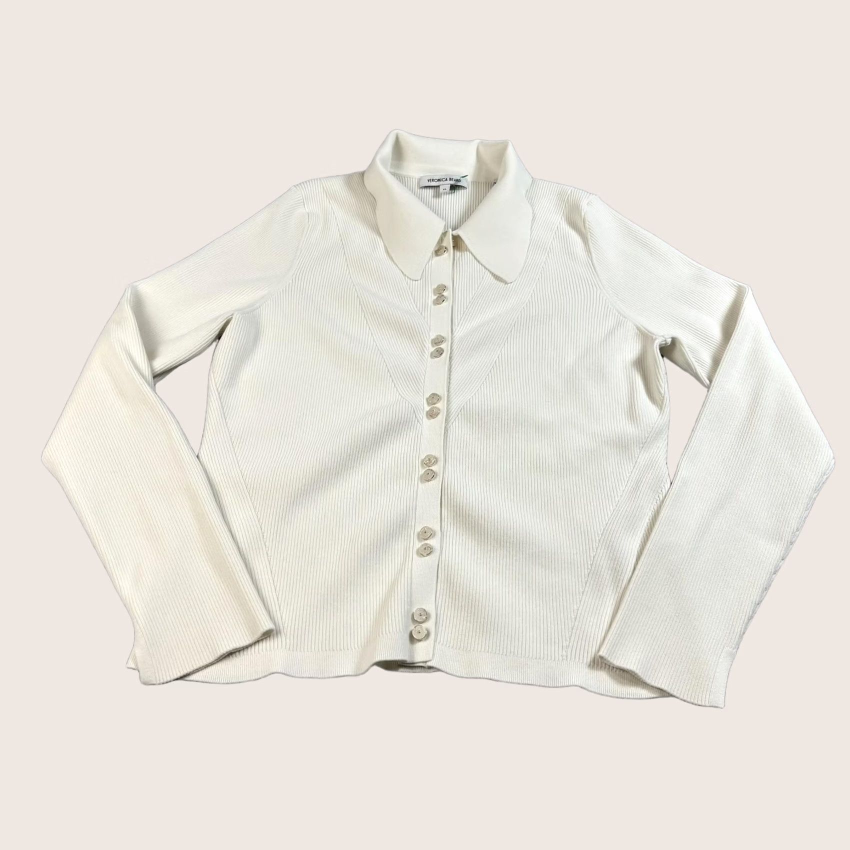 Veronica Beard Veronica Beard Shirt Womens XL Ivory Ribbed Button Front Collared Stretch Office Size XL / US 12-14 / IT 48-50 - 1 Thumbnail