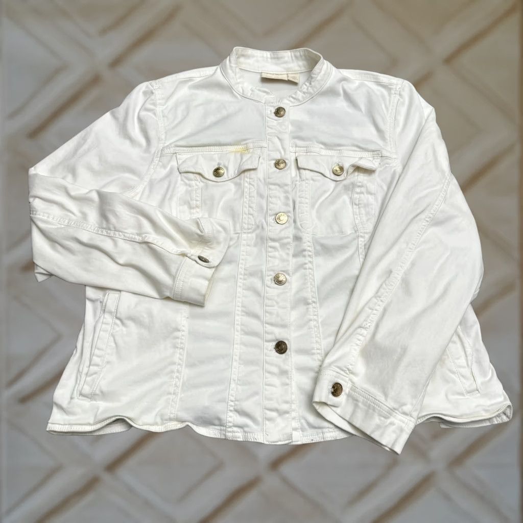 Vintage Chico's Jacket Women 3/XL White Denim Floral Embroidered Style Button Collarless Size XL / US 12-14 / IT 48-50 - 1 Thumbnail