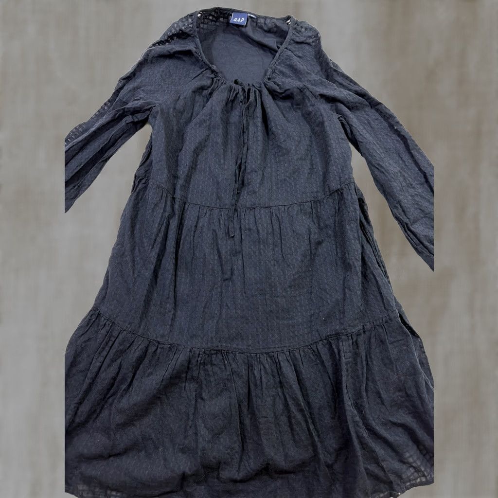 Gap VINTAGE Gap Women’s Medium Tall Tie Front Tiered Mini Dress Black Long Sleeve Cotton Size M / US 6-8 / IT 42-44 - 1 Thumbnail