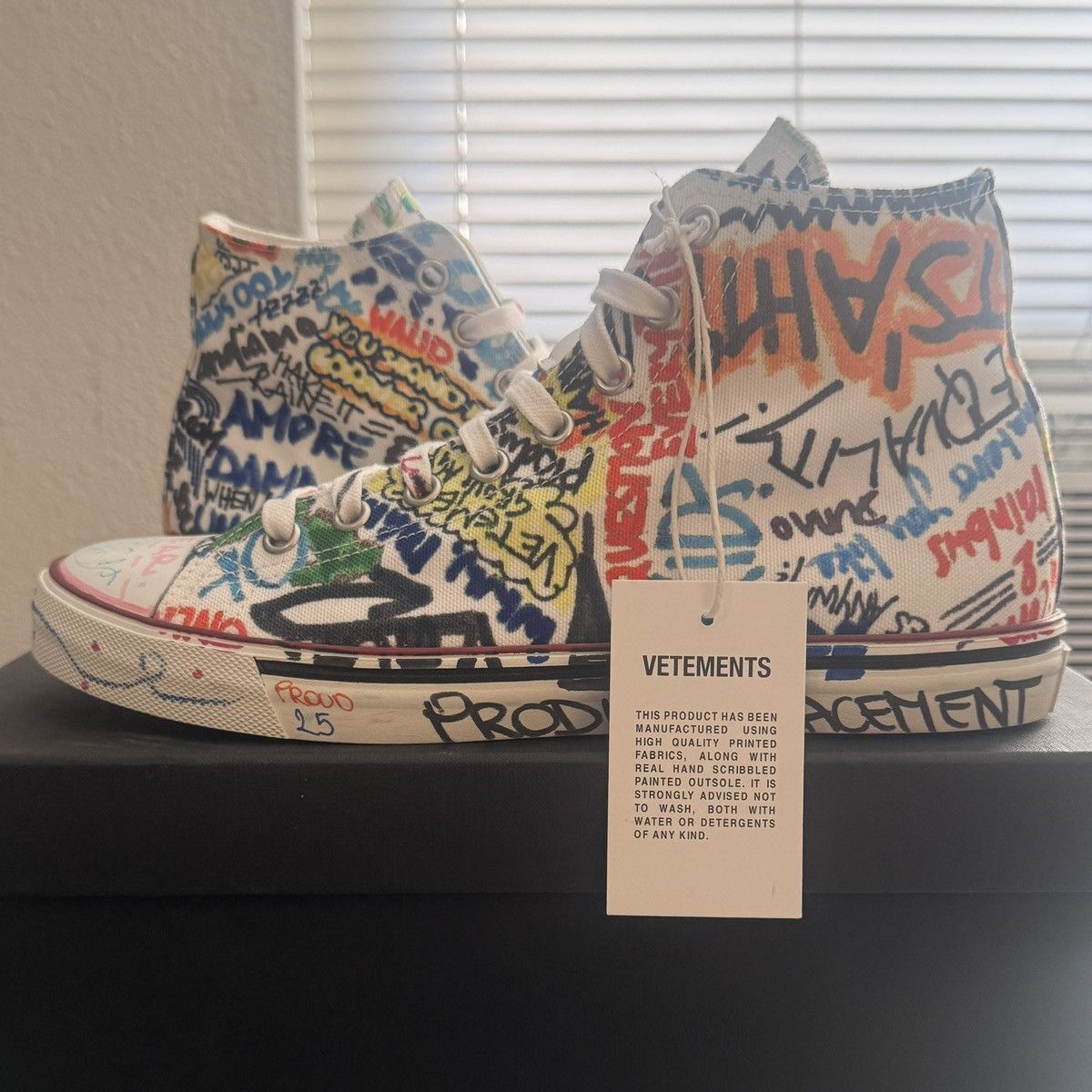 Vetements VETEMENTS White Graffiti High-Top Canvas Sneaker (FW18) Size US 9 / EU 42 - 2 Thumbnail