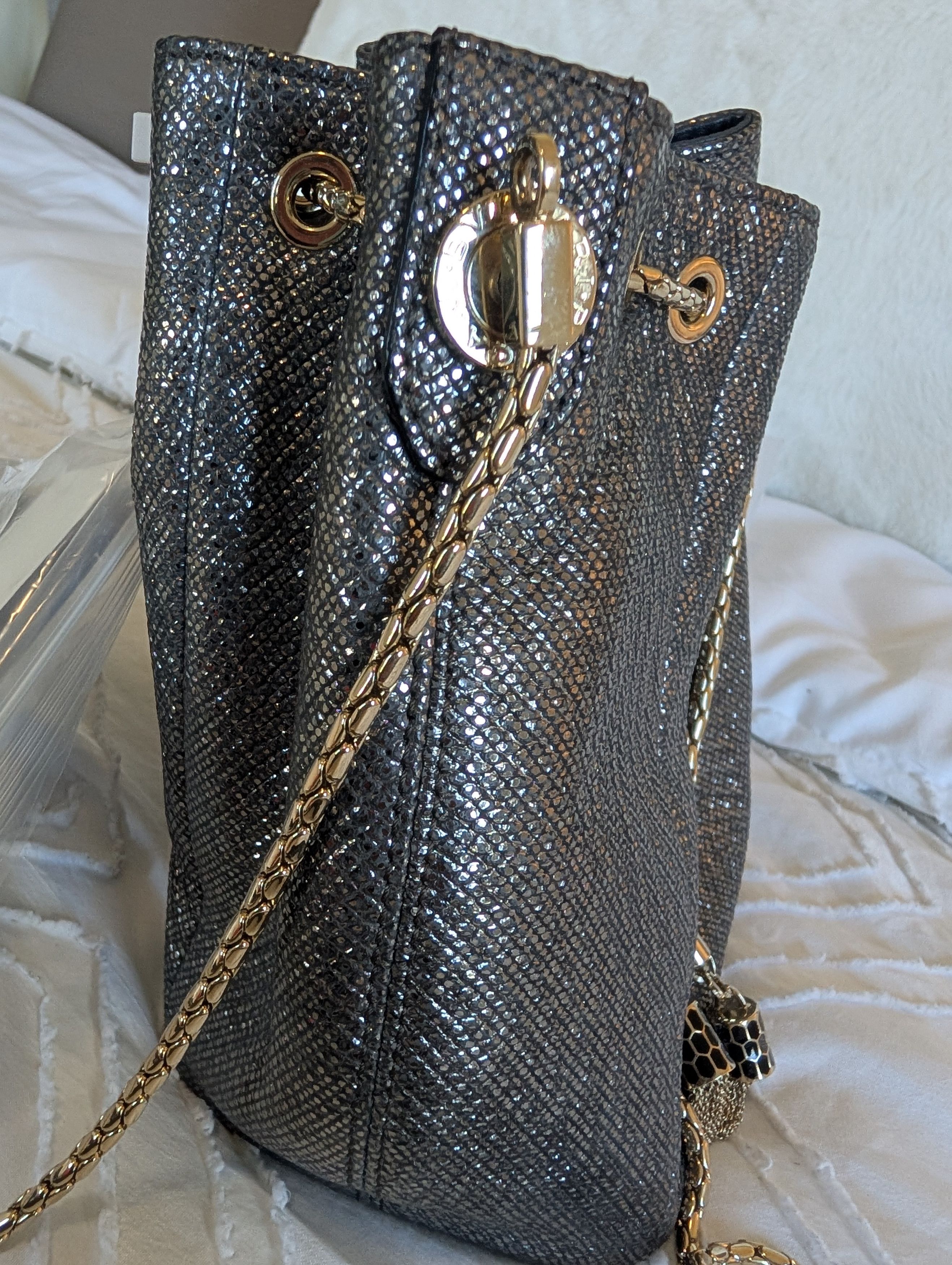 Bvlgari Bvlgari Silver Bucket Drawstring Bag Gold Chain Strap Tassel Size ONE SIZE - 7 Thumbnail