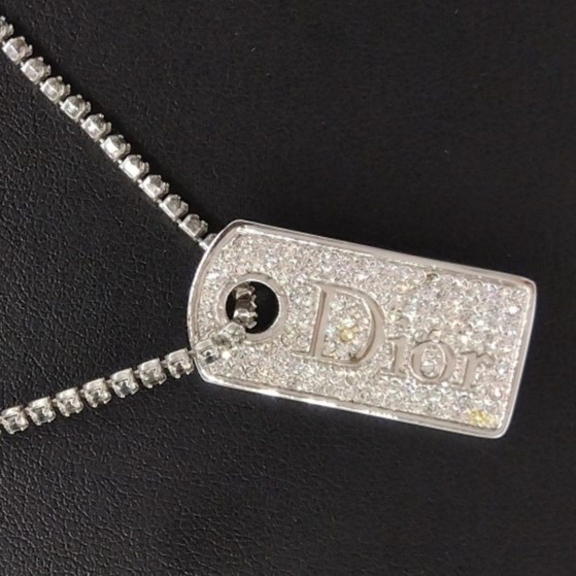 Christian Dior Dior Plate Rhinestone Necklace Silver Tag Long