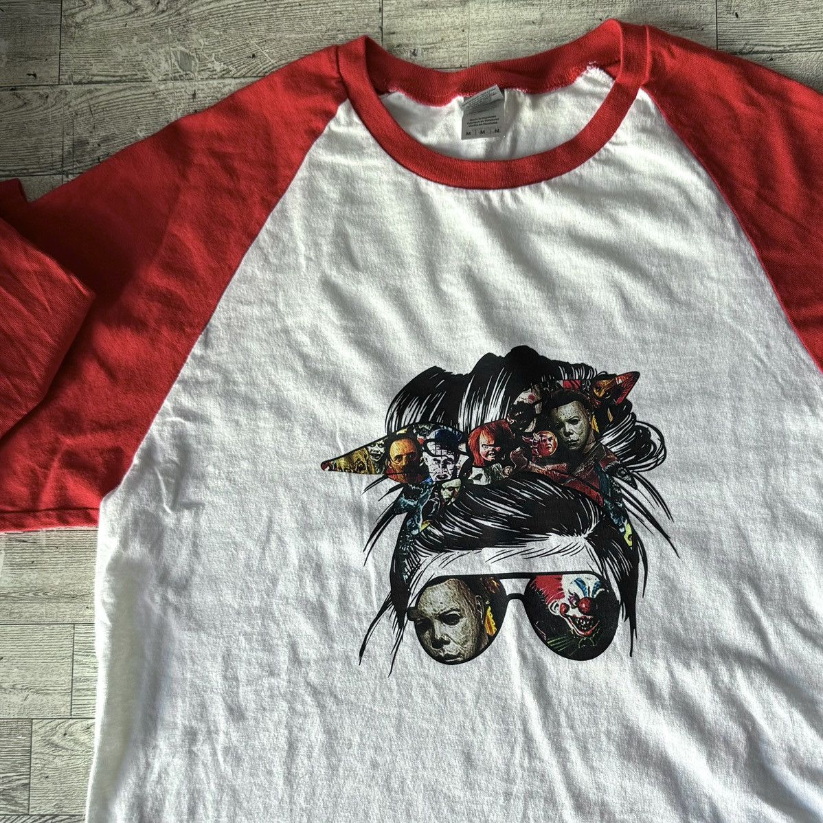 Other Messy Bun/Horror Movie, Custom Halloween Raglan Tee Size M / US 6-8 / IT 42-44 - 11 Thumbnail