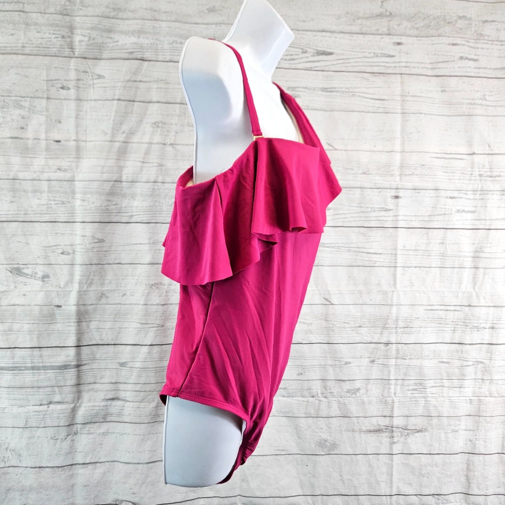 Vintage Kona Sol Womens One Piece Swimsuit Sz 17 Solid Pink Ruffle Size ONE SIZE - 2 Thumbnail