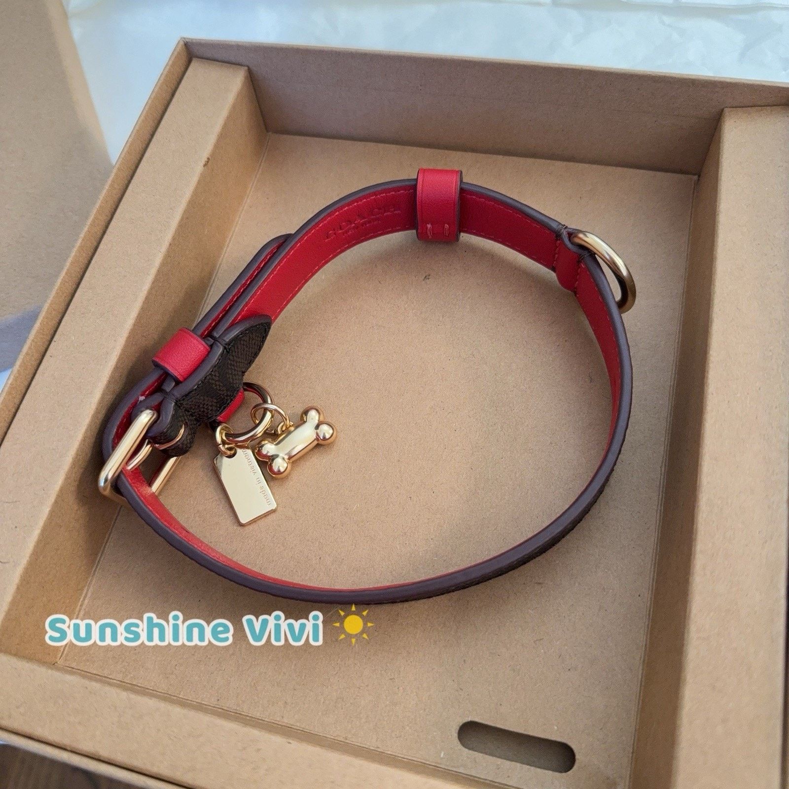 Coach NWT Coach Boxed Medium Pet Collar CX157 Gold/Walnut/Bold Red Size ONE SIZE - 1 Thumbnail