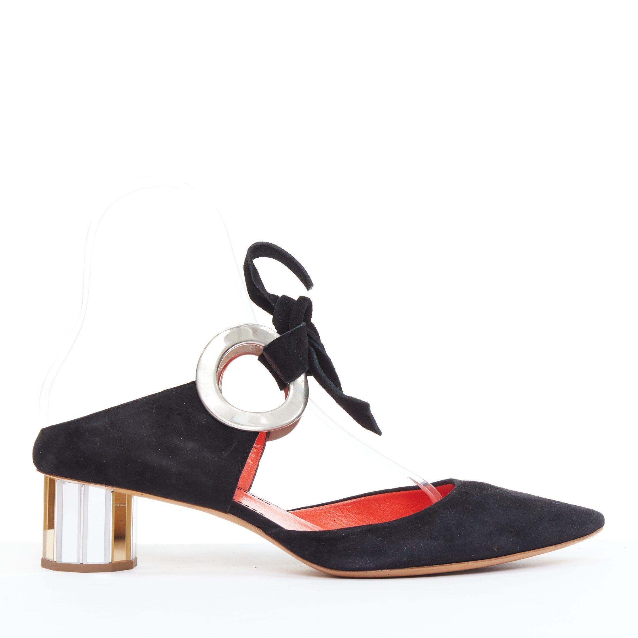 Proenza Schouler PROENZA SCHOULER Runway black suede leather silver block faceted pumps EU38 Size US 8 / IT 38 - 1 Thumbnail