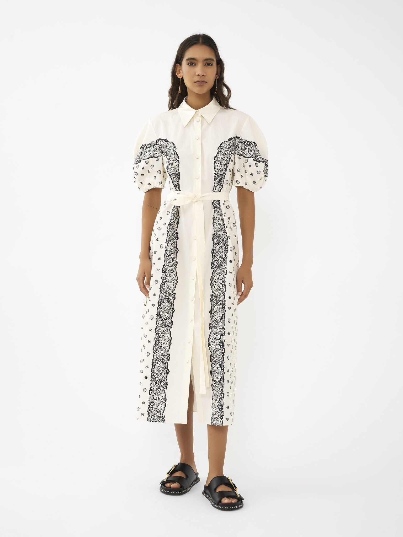 Chloe oc11z0525 Printed Balloon-Sleeve Shirt Dress in White/Black Size XL / US 12-14 / IT 48-50 - 6 Thumbnail